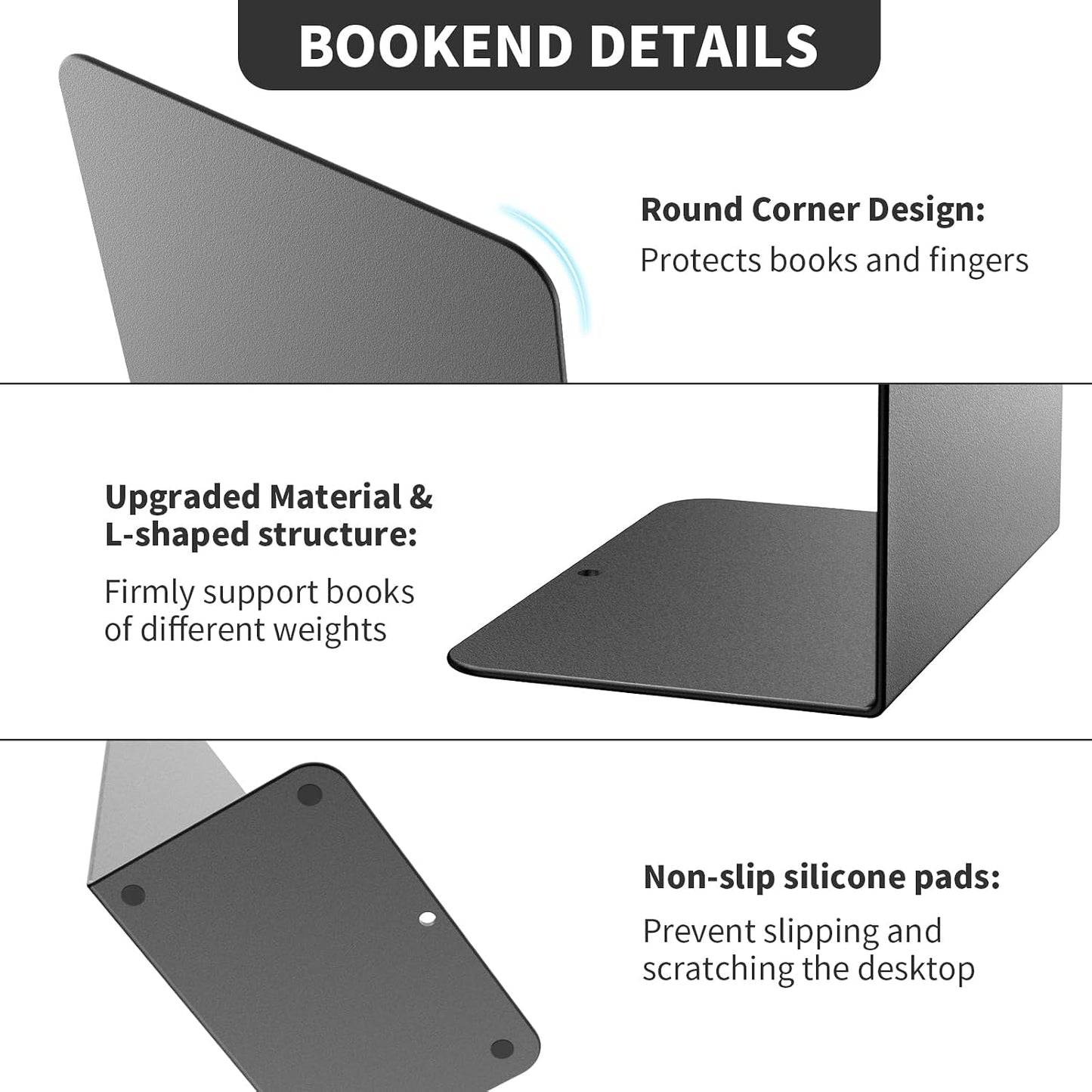 Metal Bookend / Book Ends / Black-frosted Surface / Set of 4