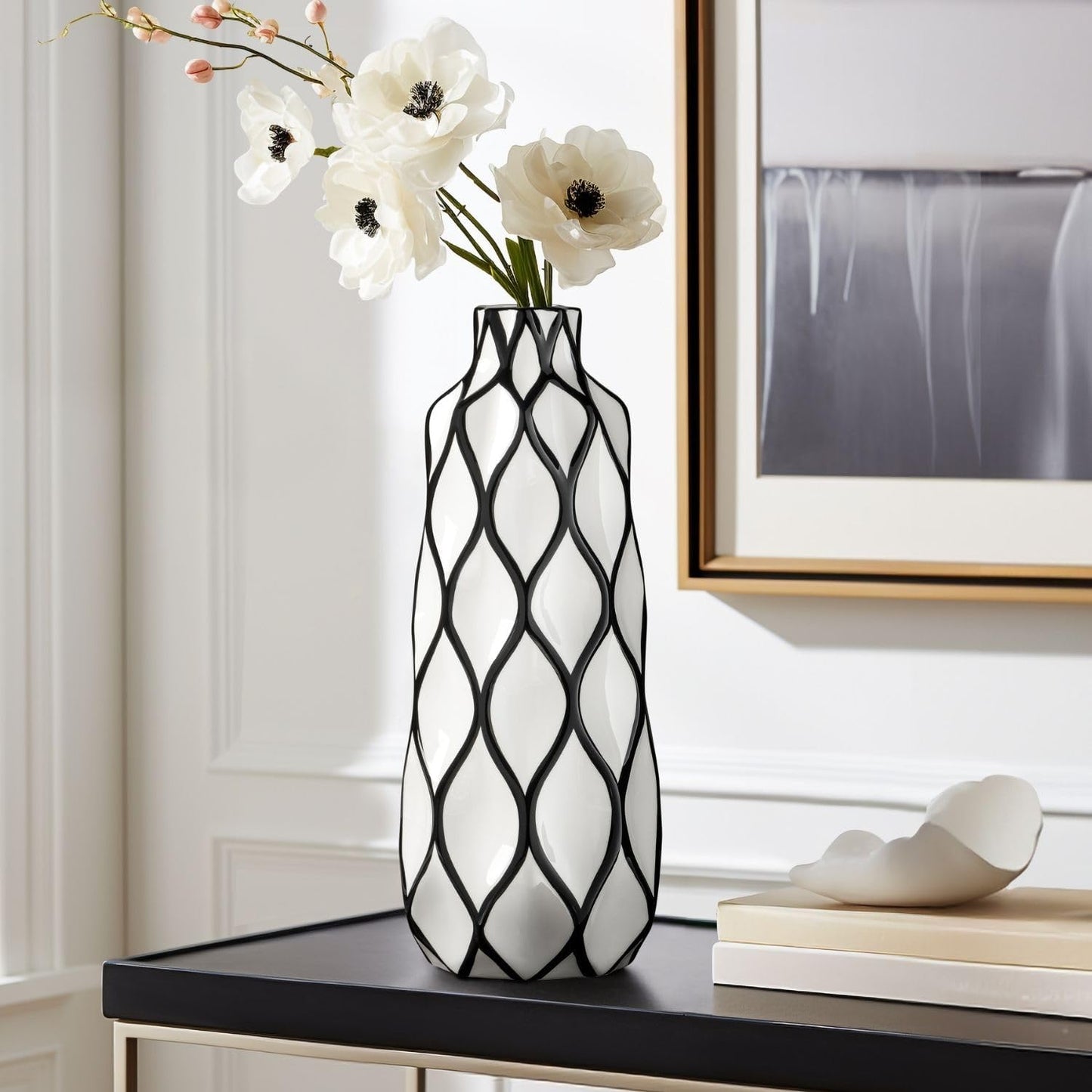 Gloss White Ceramic Vases / 15.5" Height / Black