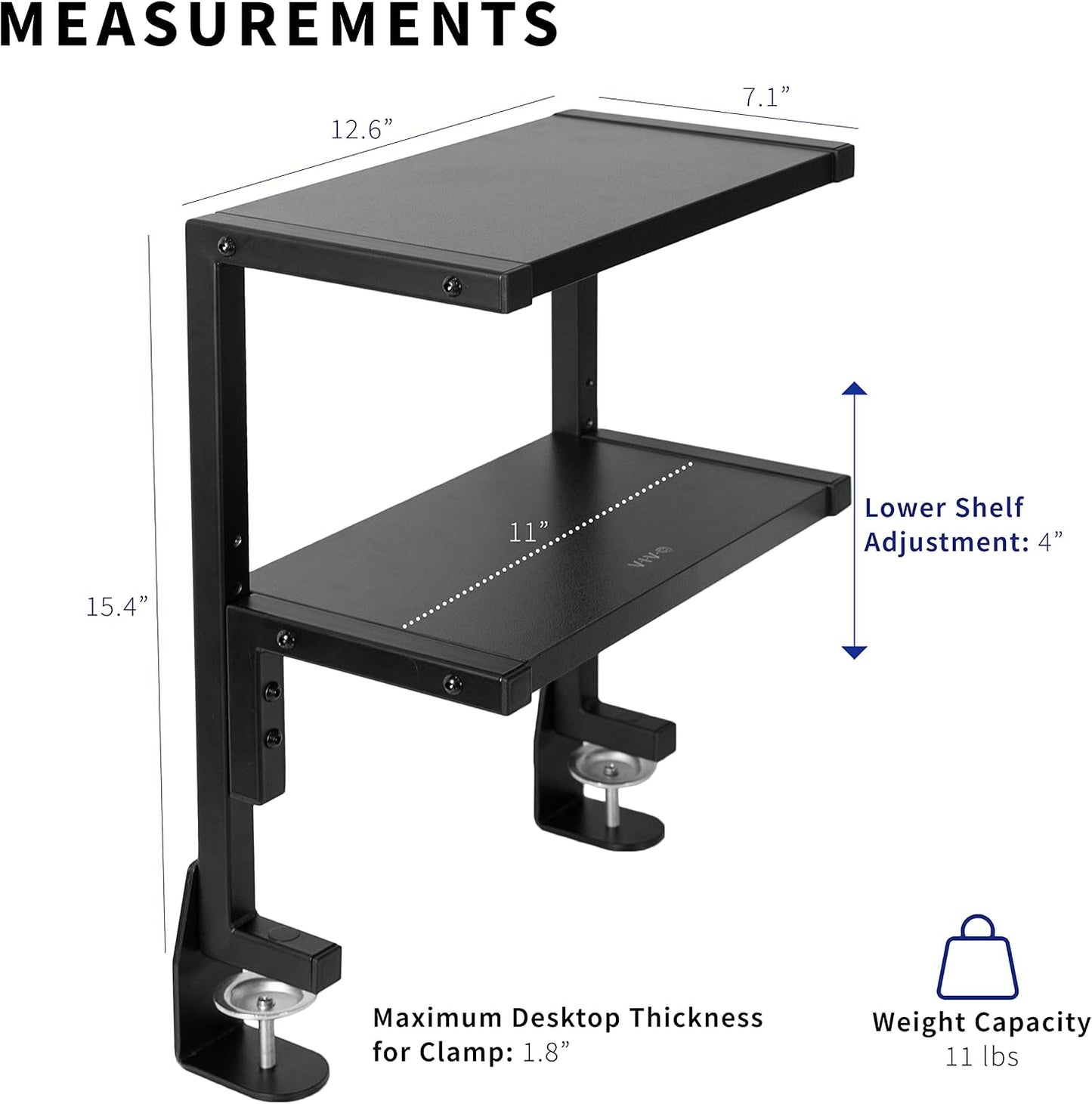 VIVO Black Clamp-on 13 inch 2-Tier Desk Shelf, STAND-SHELF2C | Above or Below Desk, 2 Level Shelving Unit for Table