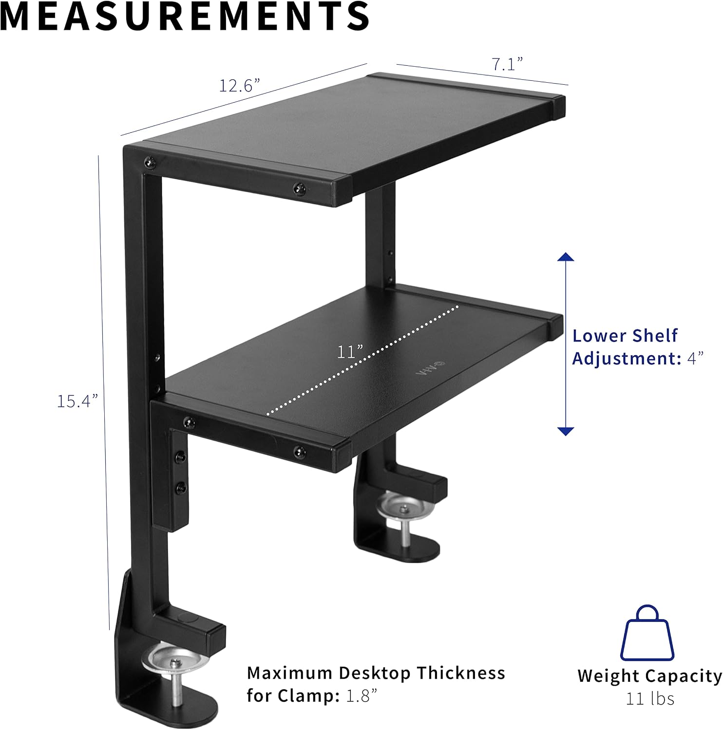 VIVO Black Clamp-on 13 inch 2-Tier Desk Shelf, STAND-SHELF2C | Above or Below Desk, 2 Level Shelving Unit for Table