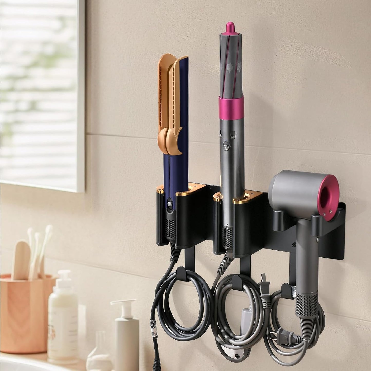 Wall Mount Hair Tool Organizer, Black with Gold Accents | Aluminum Alloy & ABS, 3-Compartment Holder for Hair Dryer