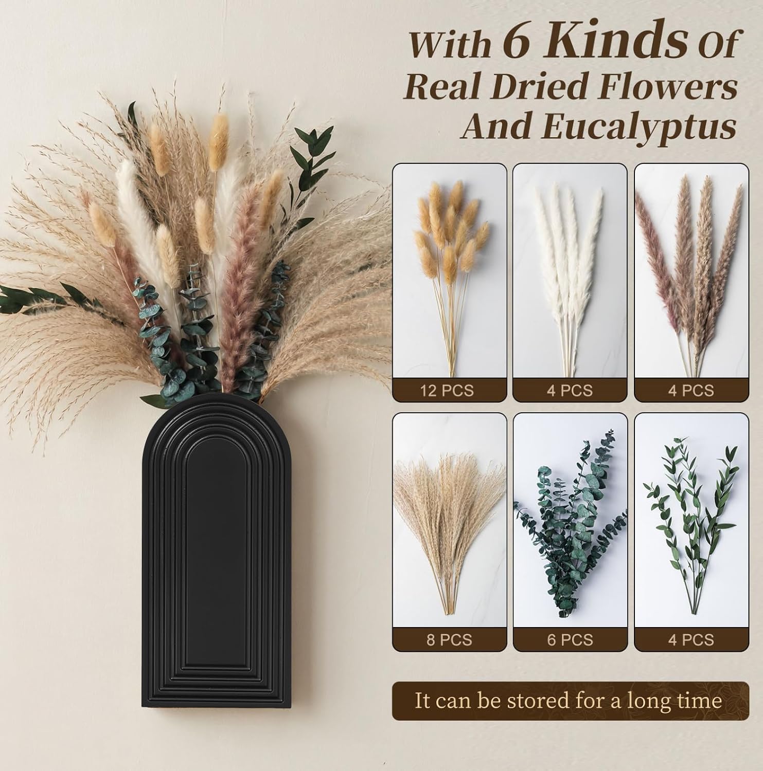 Wooden Wall Vase Set / Black with Dry Flowers / Set of 2