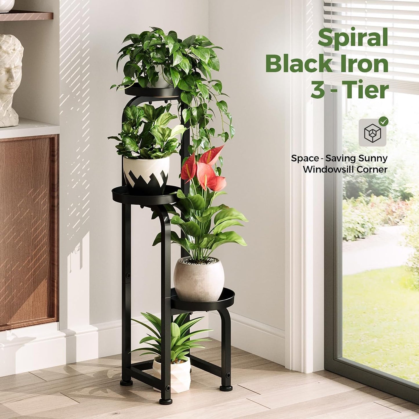 Bamworld Tall Plant Stand Indoor Outdoor Corner Metal Flower Pot Stands | 3 Tier Black Heavy Duty Plant Shelf for Patio