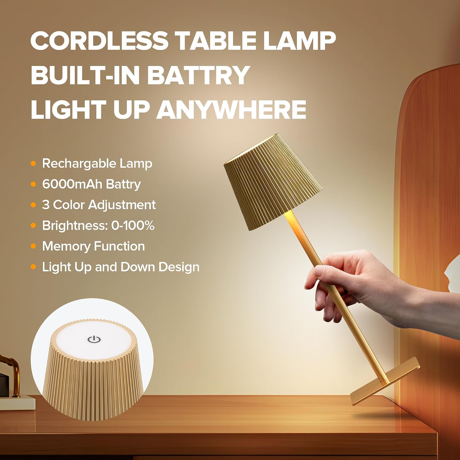 LUTEC 2 Pack Cordless Table Lamp,6000mAh Rechargeable Battery Operated Desk Lamp,Two Adjustable Heights,Waterproof