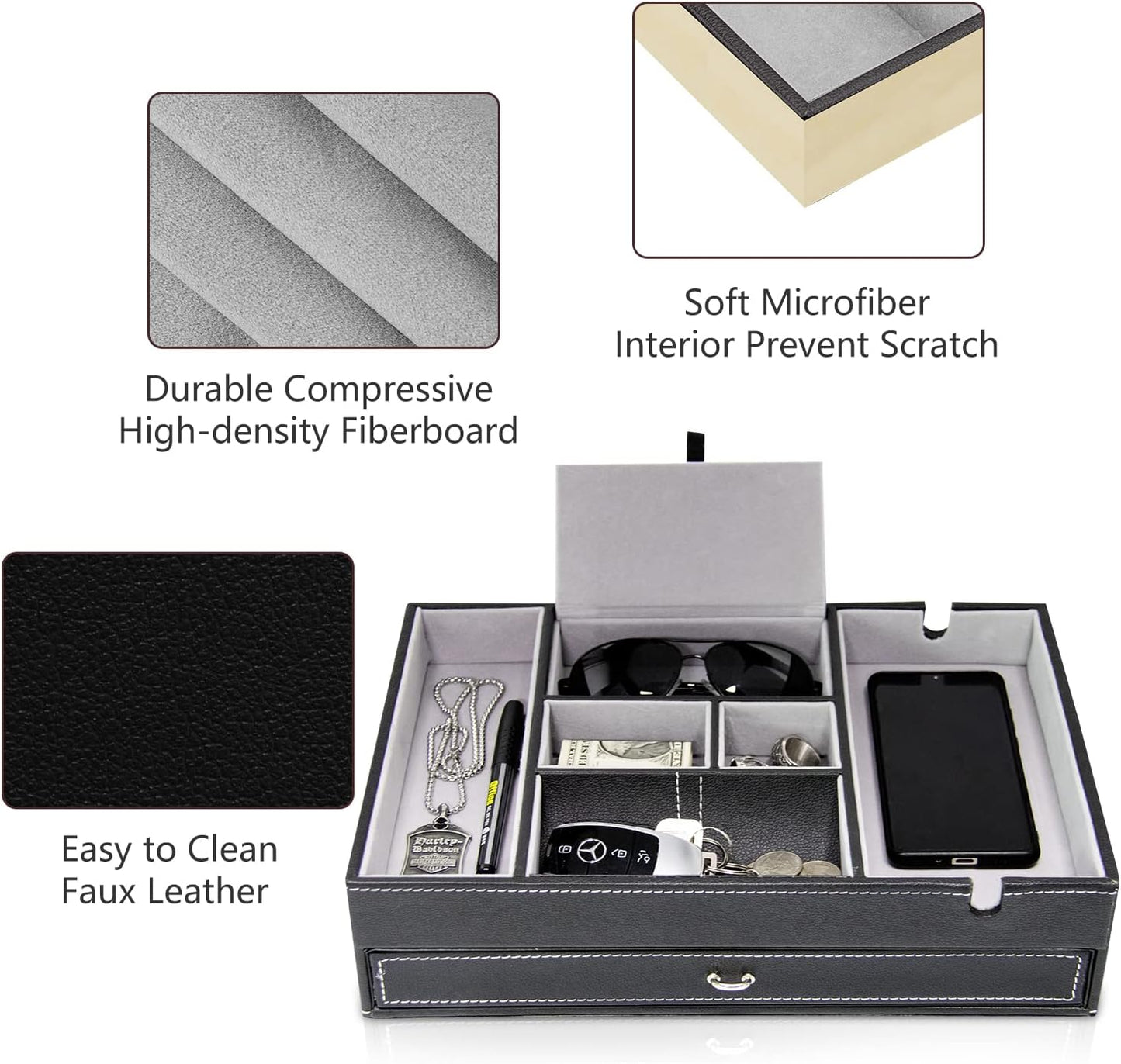 Baoyun Valet Tray for Men, 2 Layers Nightstand Organizers for Men and Women, Leather Jewelry Storage Box, Mens Dresser