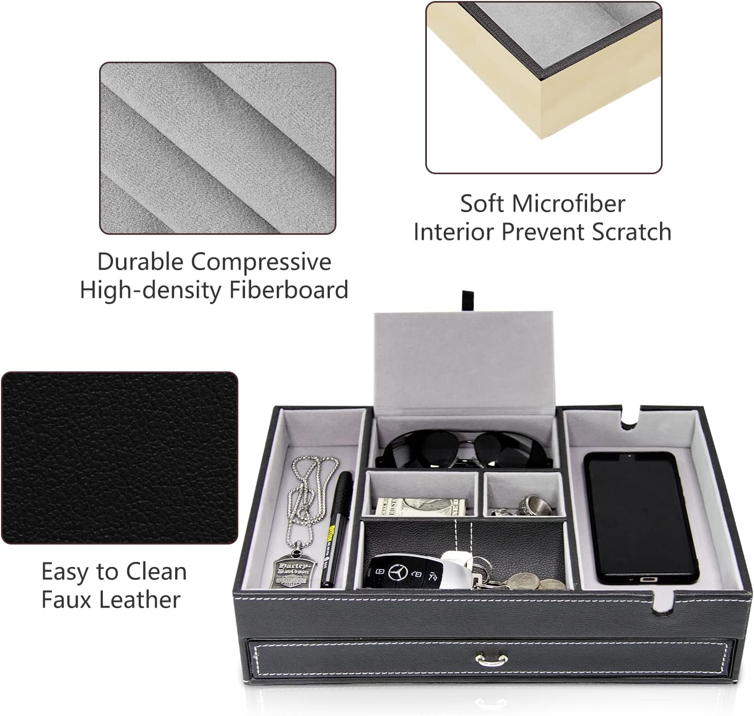 Baoyun Valet Tray for Men, 2 Layers Nightstand Organizers for Men and Women, Leather Jewelry Storage Box, Mens Dresser