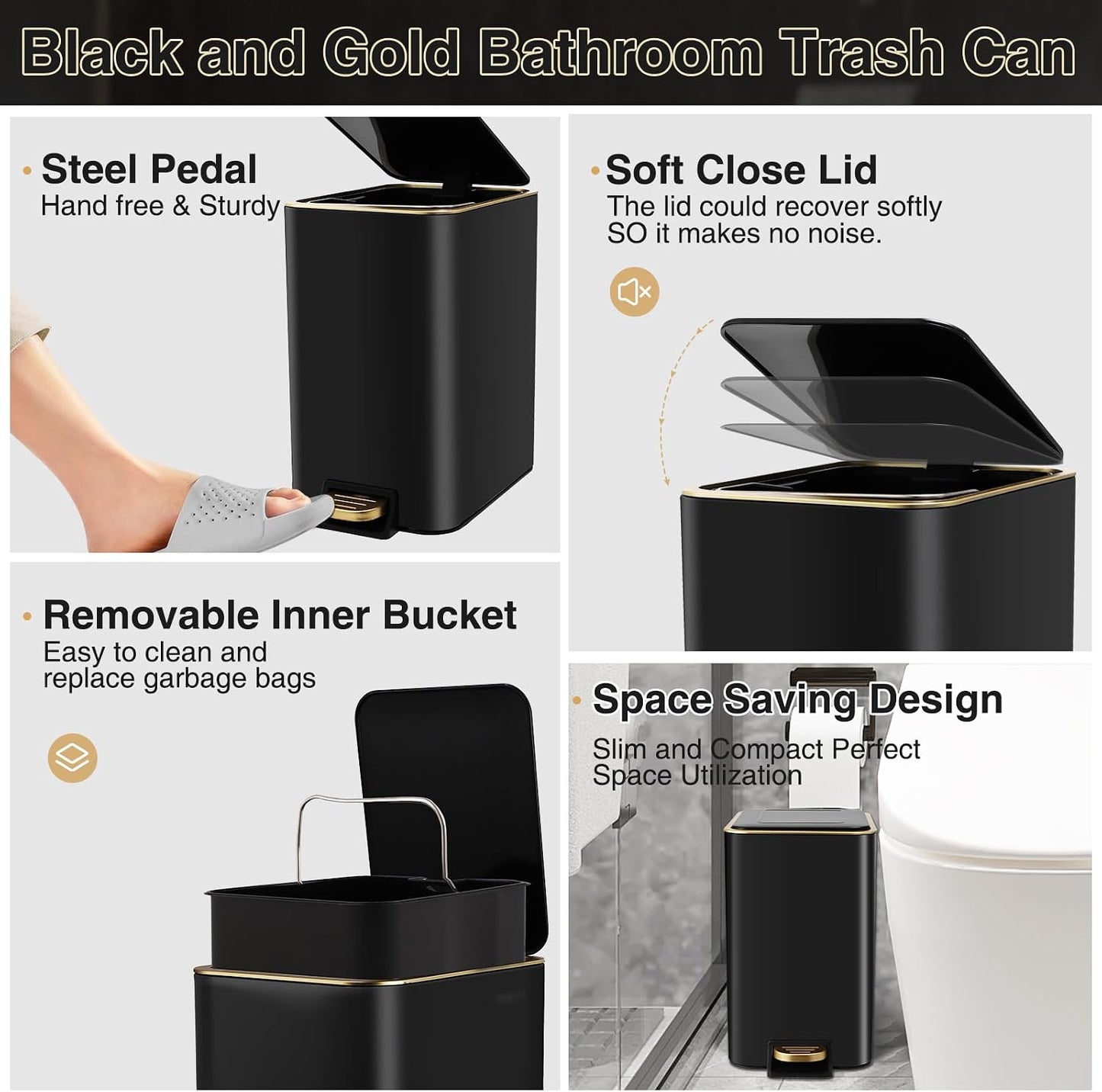 XLHOMO Black Bathroom Accessories 8 Piece Black and Gold Bathroom Set, Bathroom Accessories with Stainless Steel