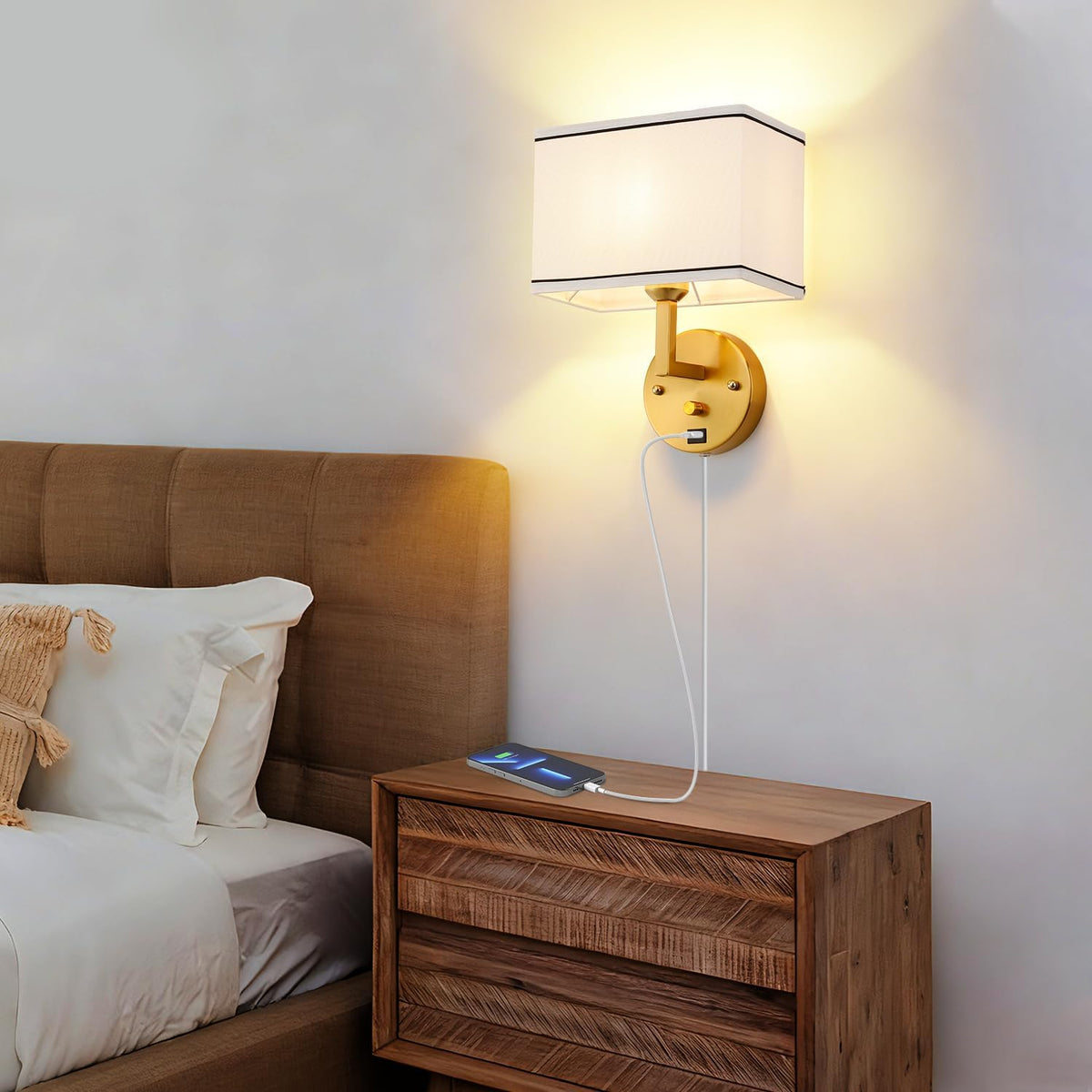 9.5" Wall Sconce with Plug-in Cord, USB Charging Port & Dimmer Switch, White Fabric Rectangular Shade Wall Mounted Lamp