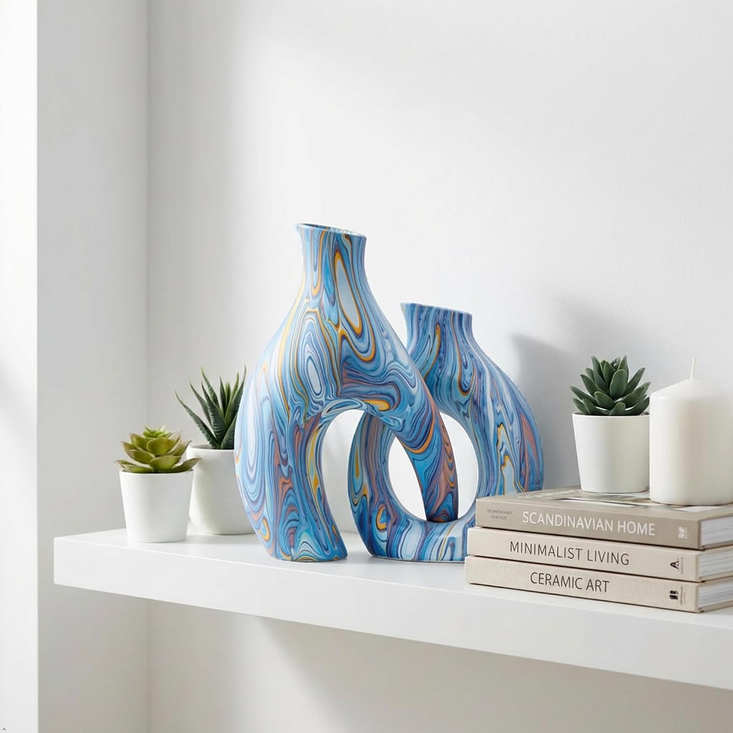 Ceramic Vases / Handcrafted Water-Transfer Flower Vase Set / Ocean Donut / Blue / Set of 2