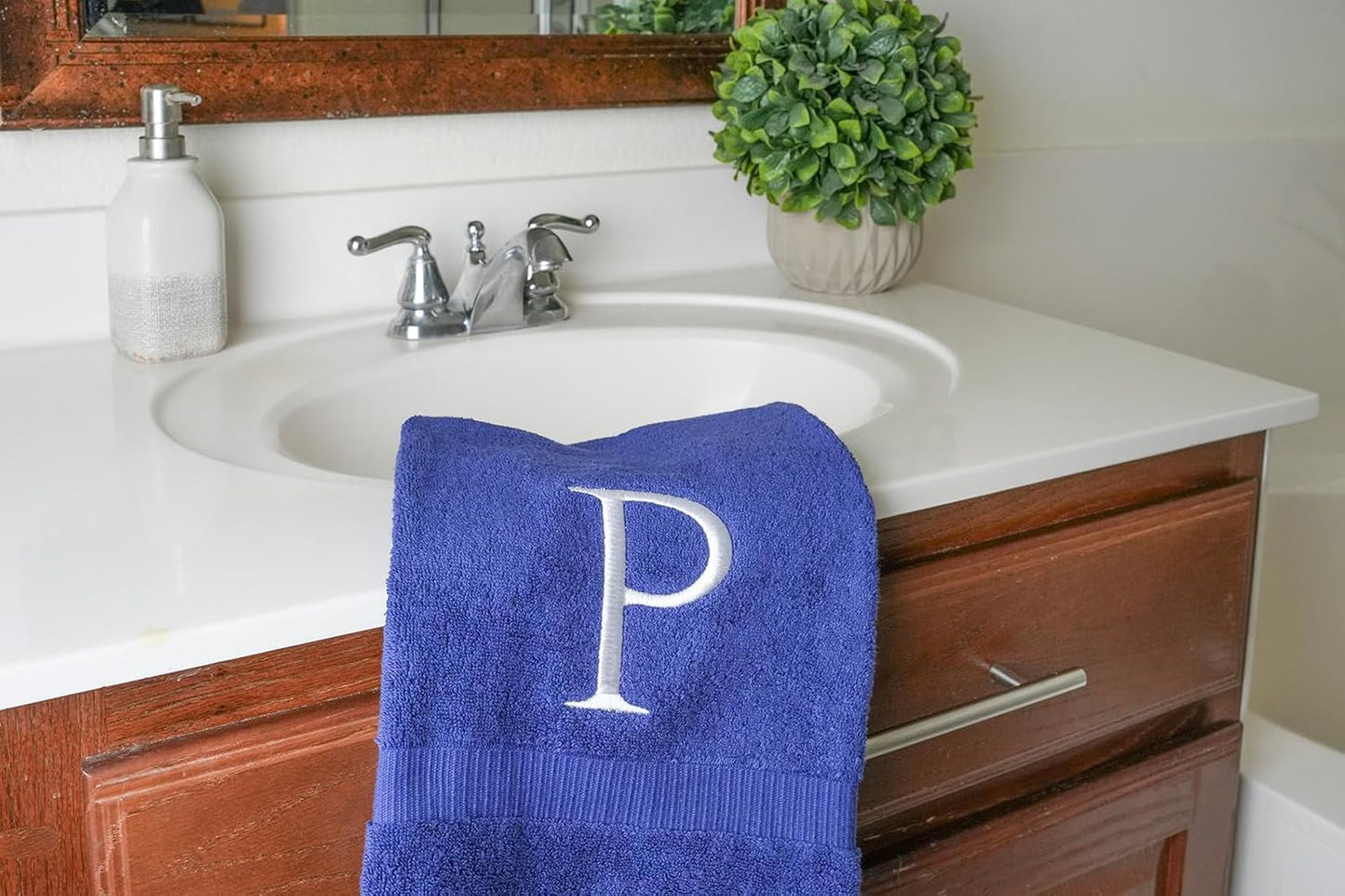 Navy with White Monogrammed Hand Towels for Bathroom - Set of 2 Letter P | Luxury Hotel Quality Initial Towels For