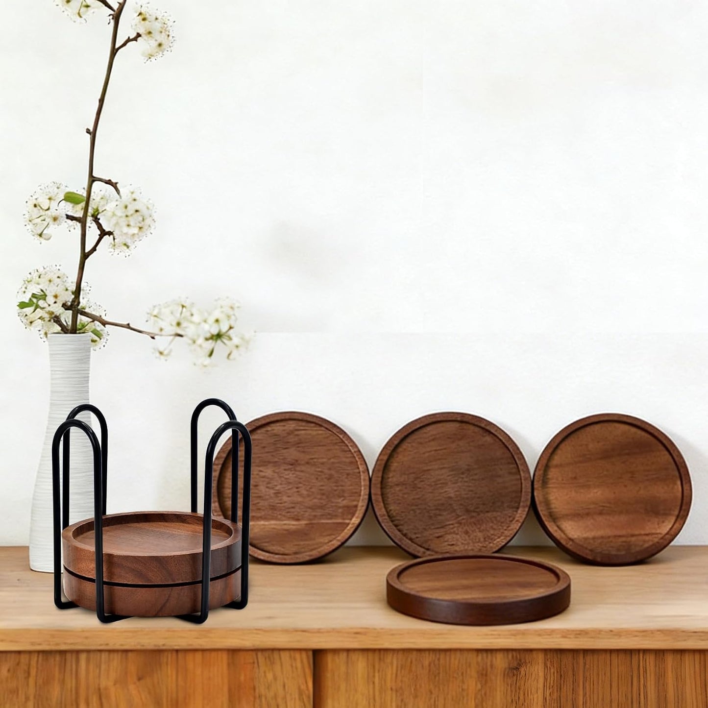 Holder / Wood Drink Coasters / Natural / Set of 6