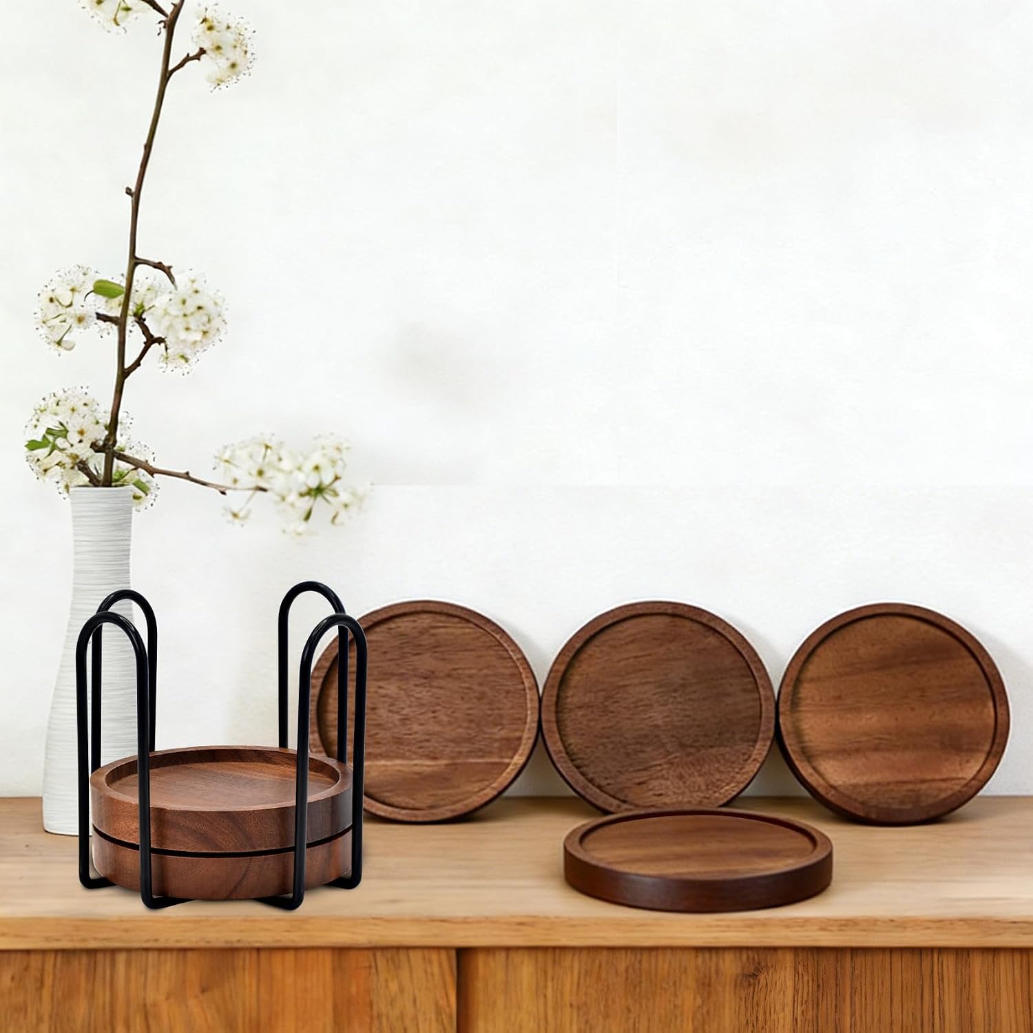 Holder / Wood Drink Coasters / Natural / Set of 6
