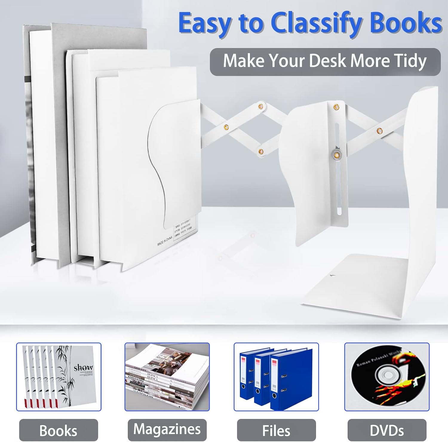 Metal Bookends / Non Skid Book Ends to Hold Books / White