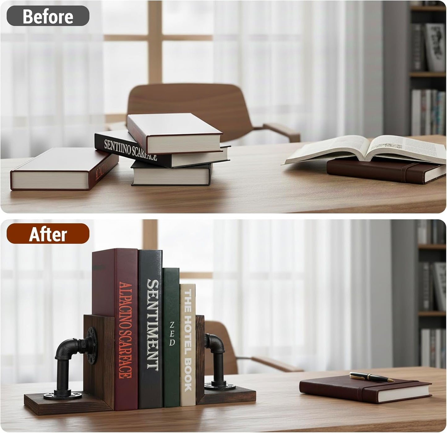 Wood Book / Metal Bookends for Heavy Books / Dark Brown