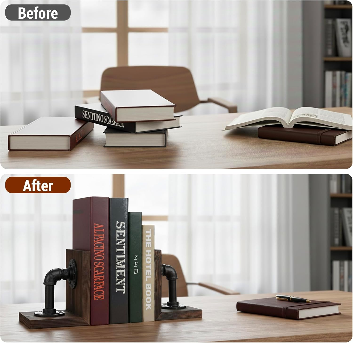 Wood Book / Metal Bookends for Heavy Books / Dark Brown