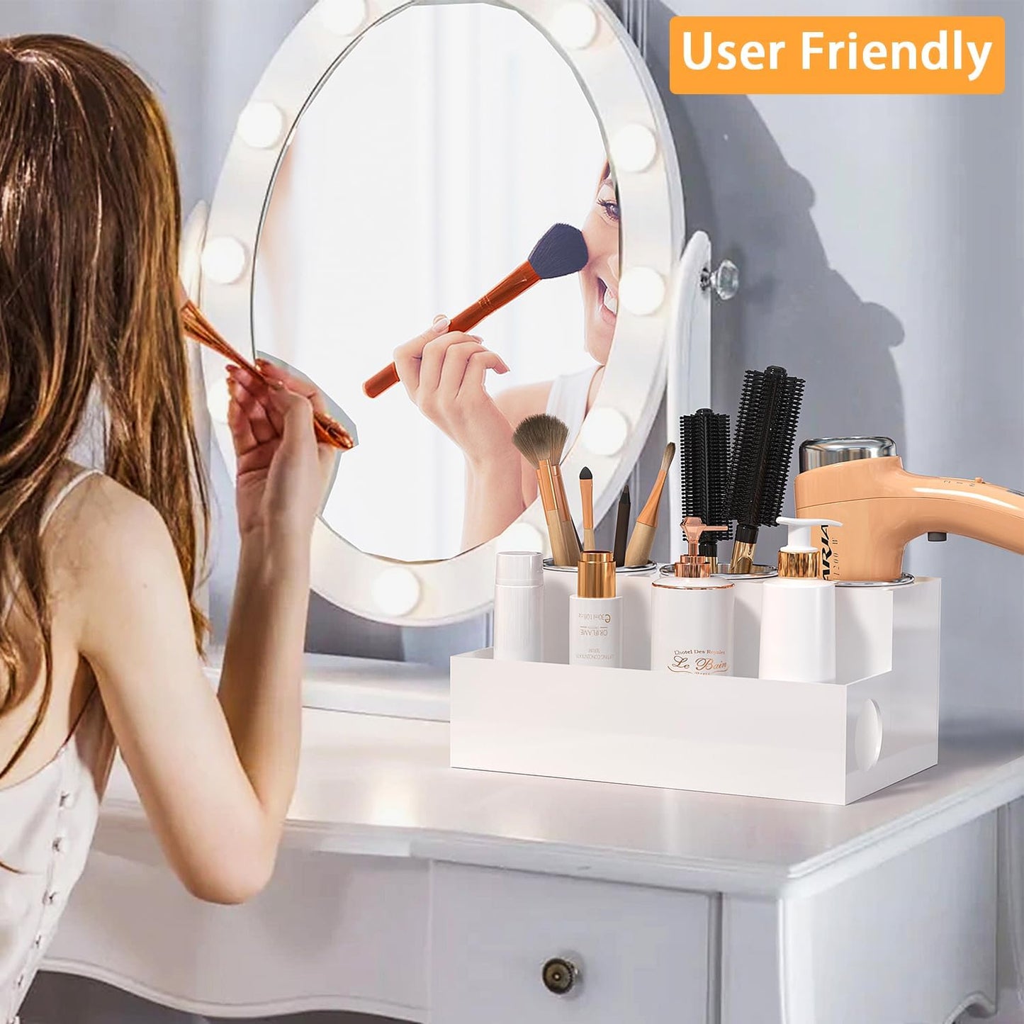 Countertop Hair Tool Organizer White Acrylic Holder for Vanity | Heat Insulated Steel Cups, Cord Hole Design, Stores