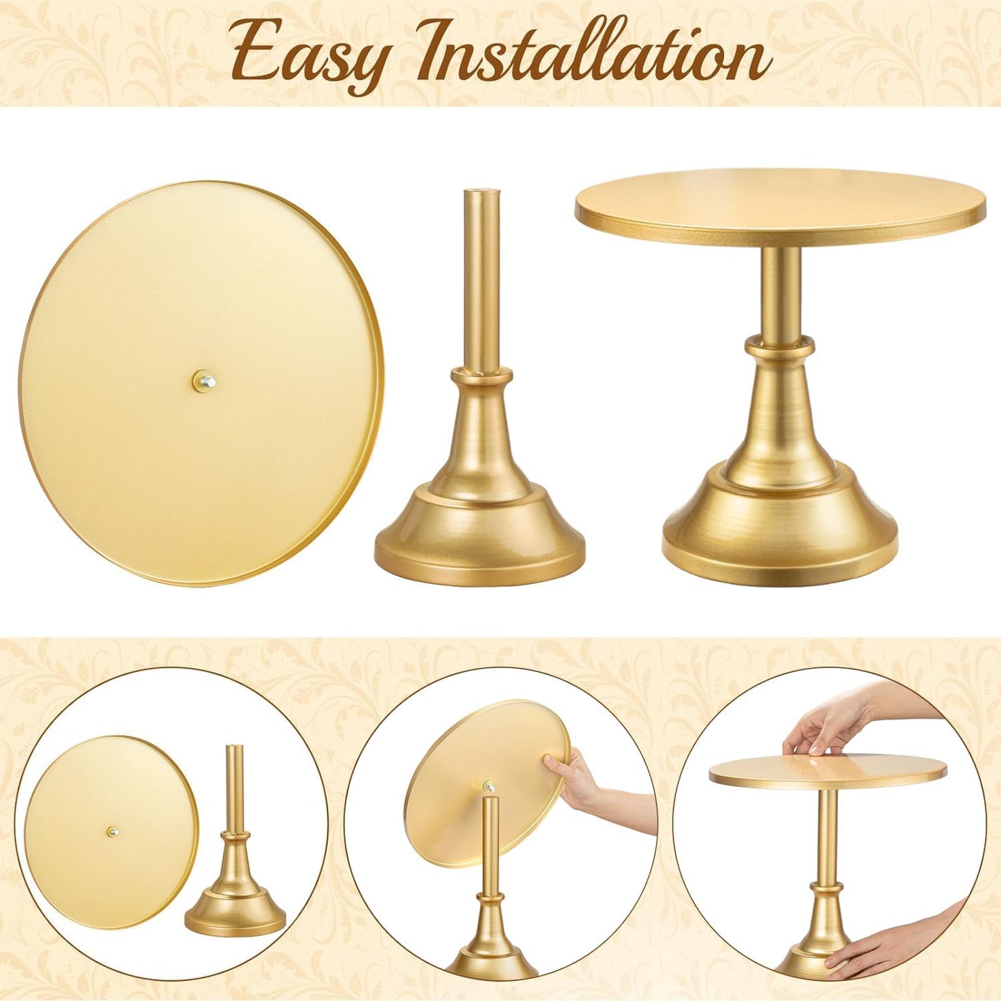 HBlife 3 PCS Gold Cake Stand Set (8"/10"/12" Cake Plate), Metal | Interchangeable Bases&Plates, Dessert Table Display