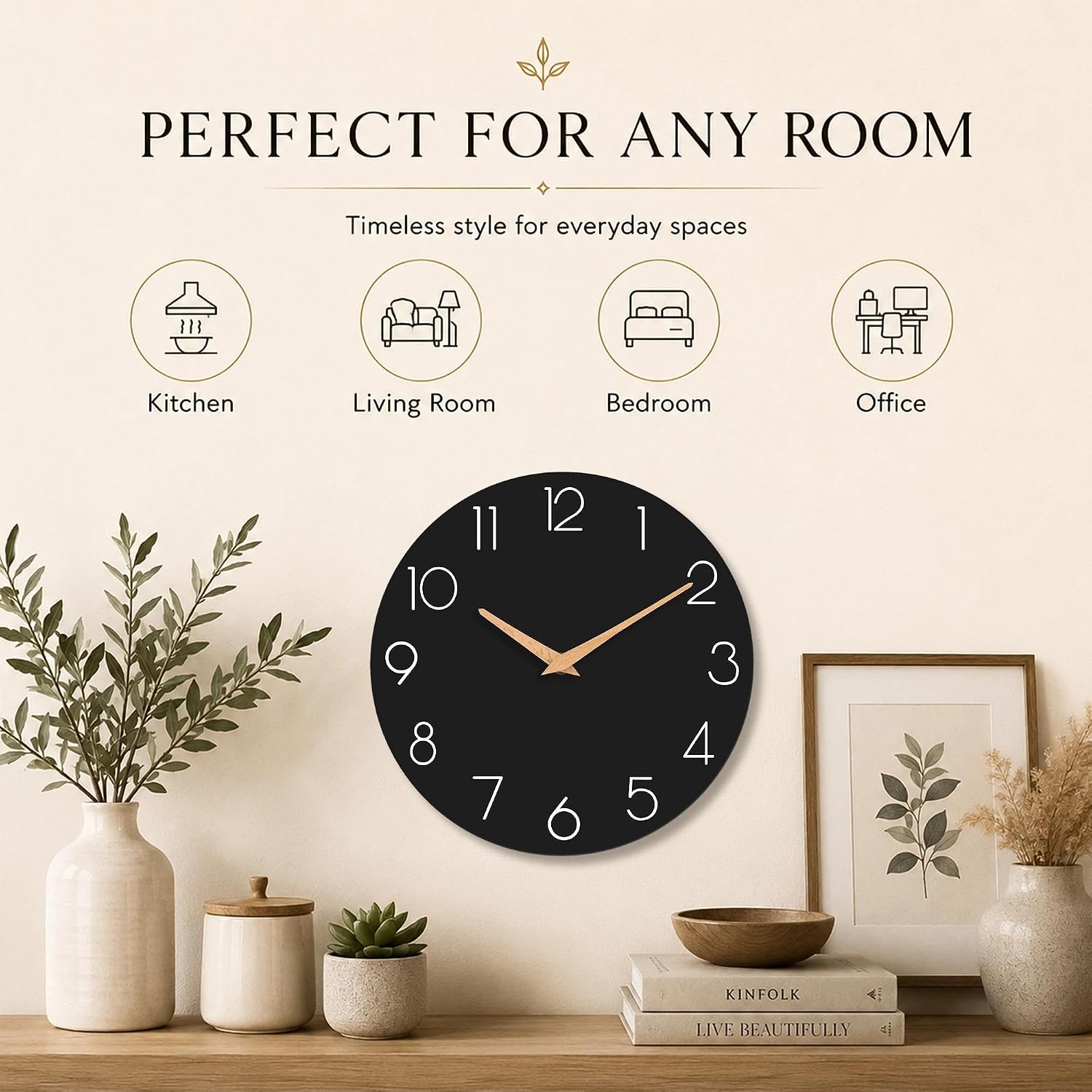 cicininc 12 Inch Battery Operated Wall Clock, Silent Analog, Black | Kitchen | Office | Bedroom | Modern Style