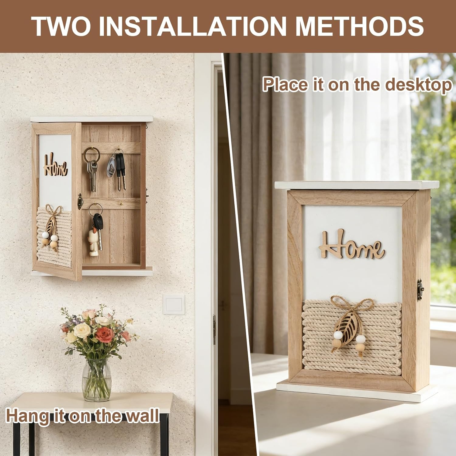 Rustic Wooden Key Holder Wall Mount Key Box / Natural Wood with Jute Rope