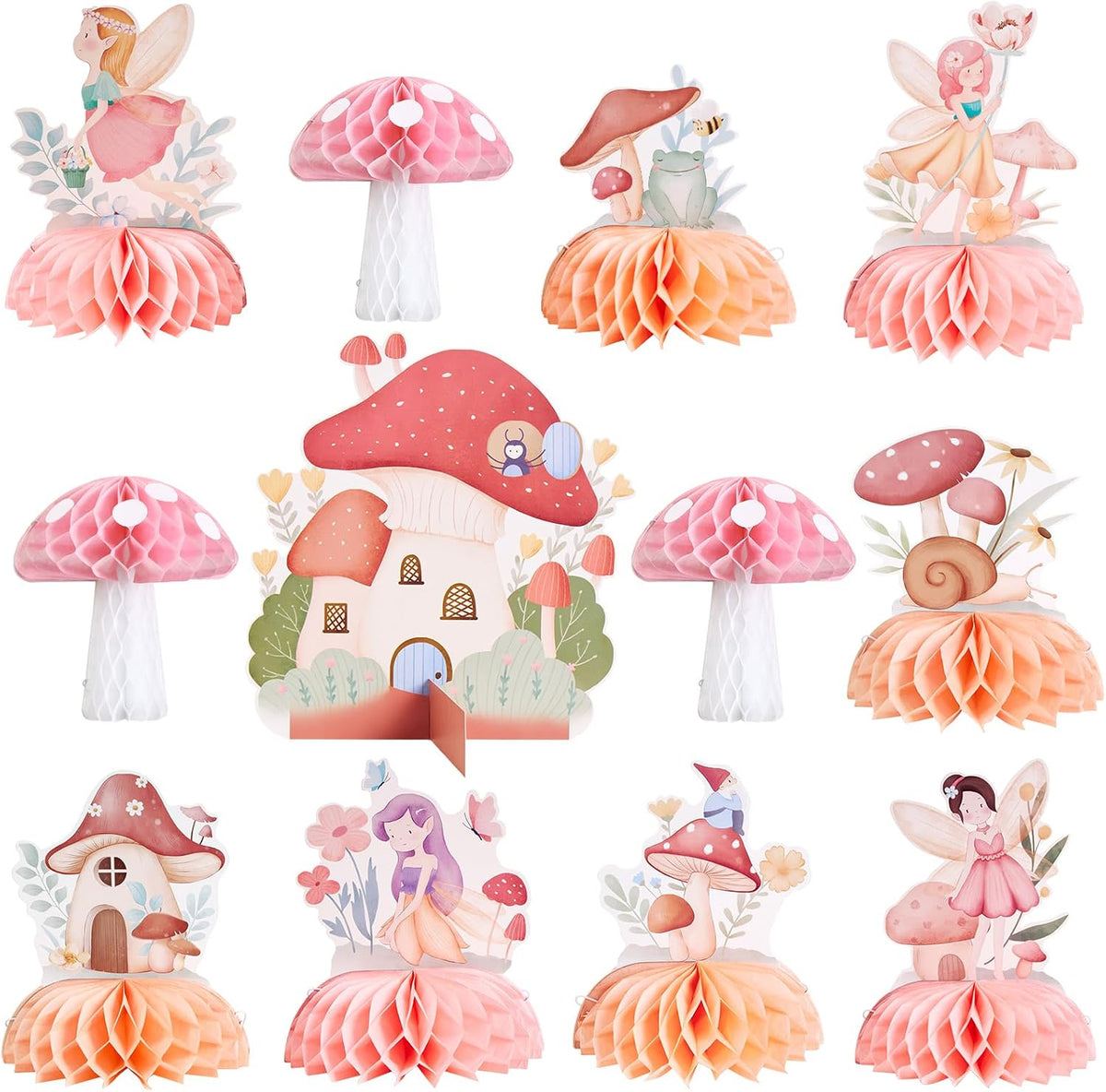 SUNBEAUTY 12 PCS Fairy First Birthday Decoration Fairy Centerpieces for Tables Mushroom Honeycomb Centerpieces Butterfly Flowers Birthday Party Decorations for Spring Garden Baby Shower