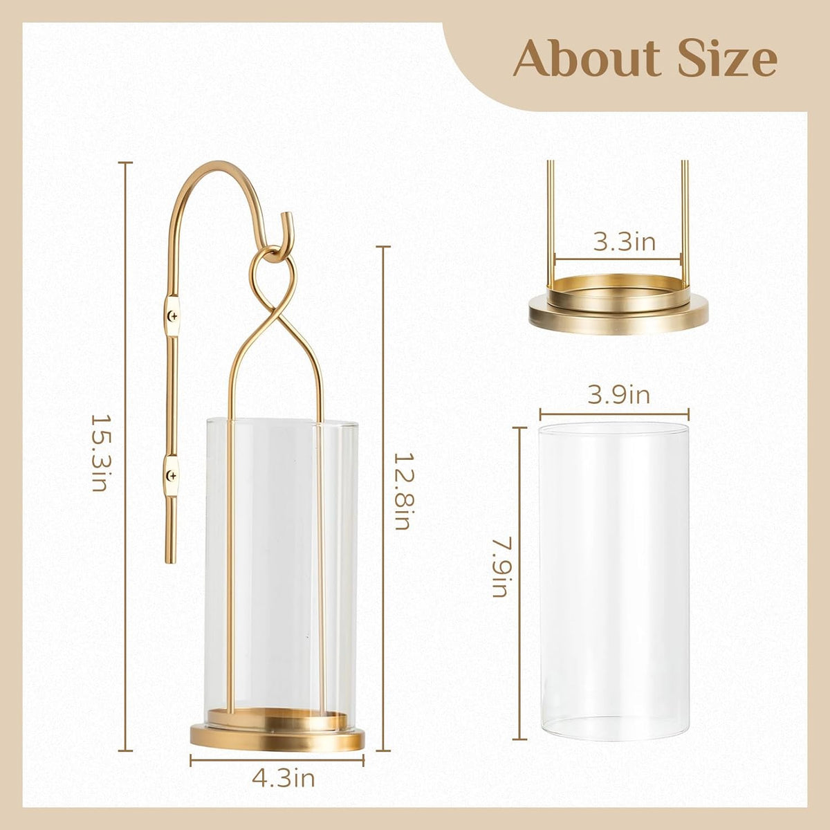Gold Candle Sconces Set of 2, with Hurricane Glass | Modern Wall Candle Holder, Metal Lantern Decoration, for Pillars