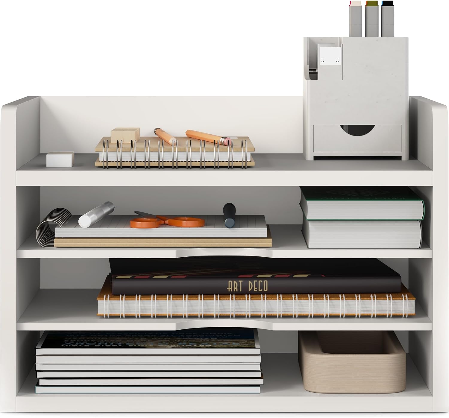 Ballucci File Organizer, 4-Tier Office Desk Organizer, Open Top Wood Paper Organizer for Classroom, Desktop Mail Sorter