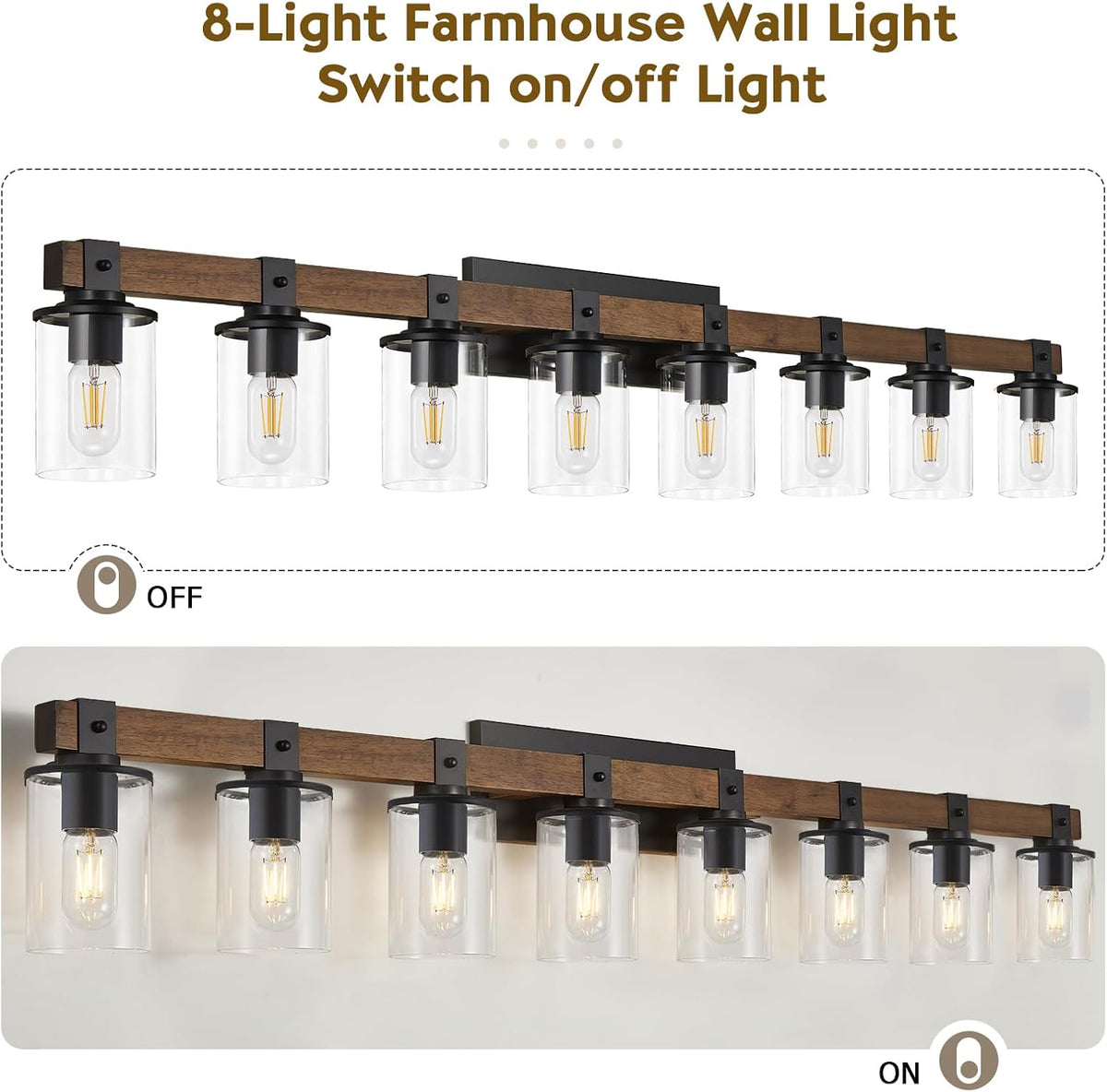 8-Light Farmhouse Vanity Light Fixture, Bathroom Wood Wall Light Over Mirror with Clear Glass Shade, Rustic Vintage