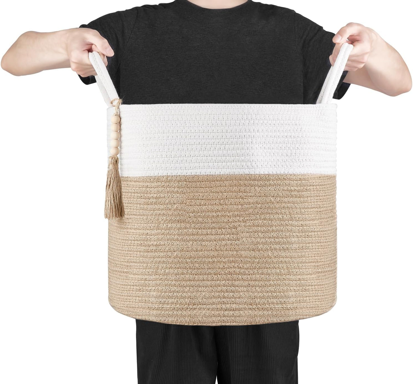 Woven Storage Basket Decorative Natural Rope Basket Wooden / Cream White and Brown / 16" W x 13.8"L