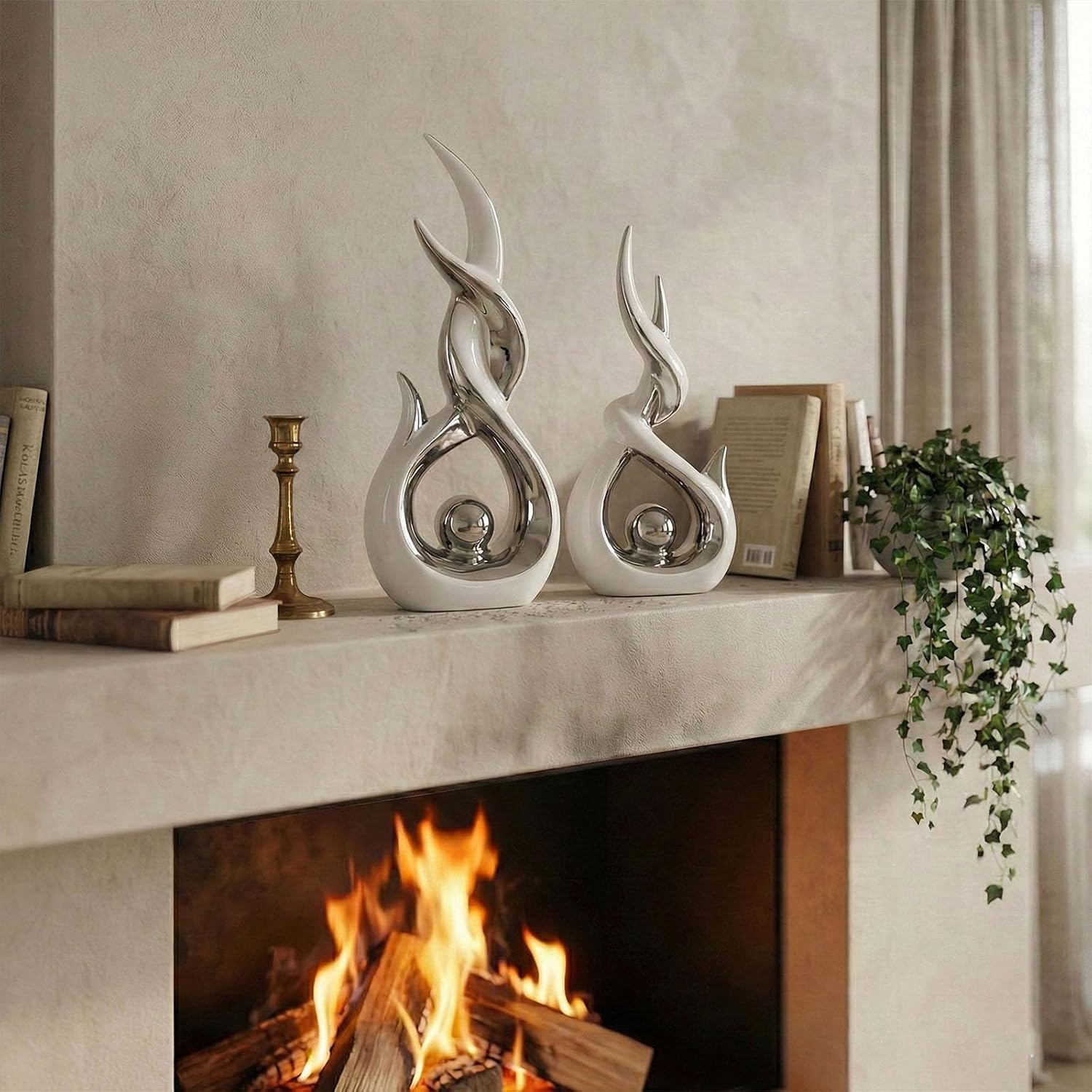 Abstract Ceramic Sculpture Modern Electroplated Figurines Decorative / White and Silver / Set of 2