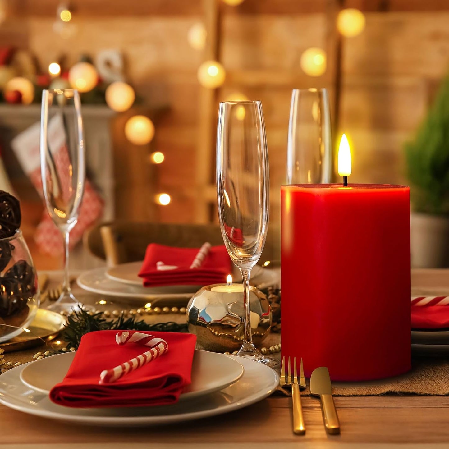 Red Christmas Flameless Pillar Candles with Remote Set of 3 | Flickering LED Wax Candles, Flat Top, 2 AA Battery Power