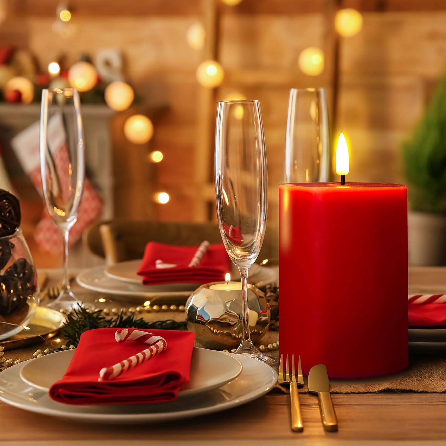 Red Christmas Flameless Pillar Candles with Remote Set of 3 | Flickering LED Wax Candles, Flat Top, 2 AA Battery Power