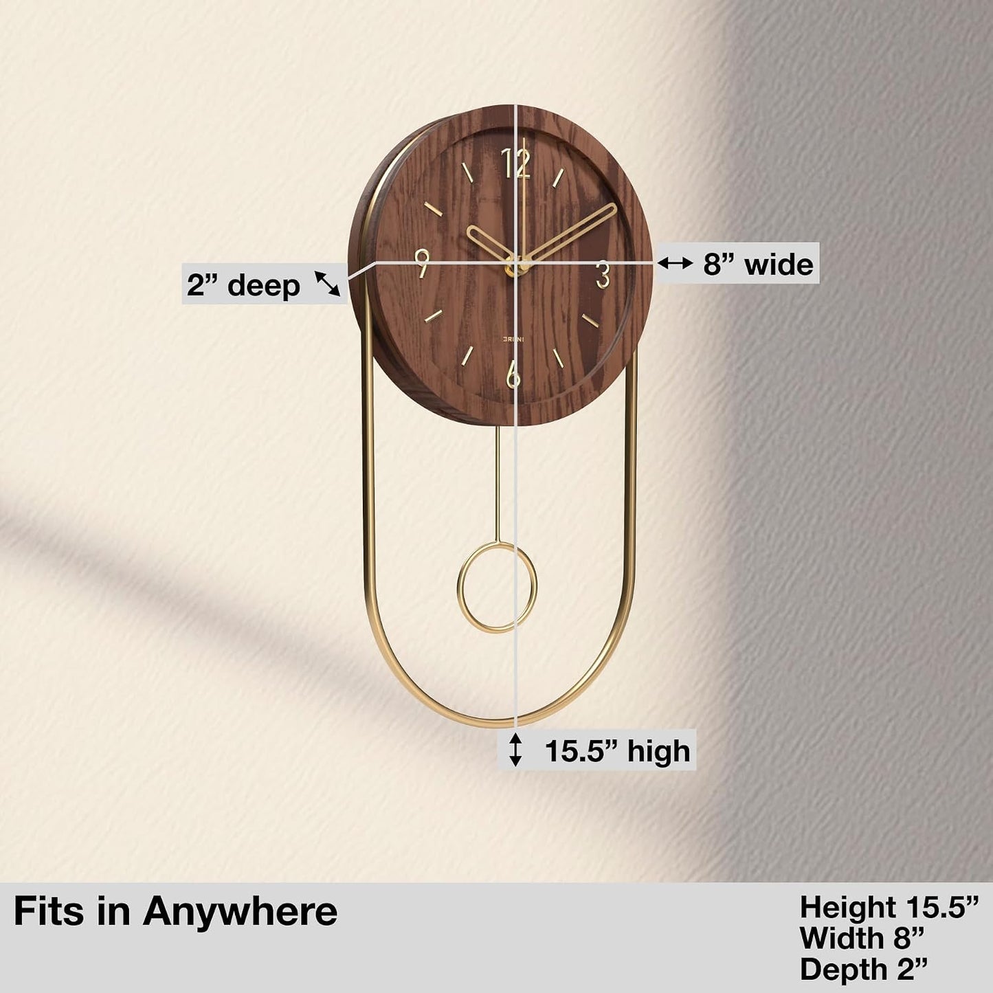 Driini Decorative Wall Clock with Pendulum (Walnut) – Modern Wood, 3D Gold Numbers, Metal Frame – Small, Unique Wall