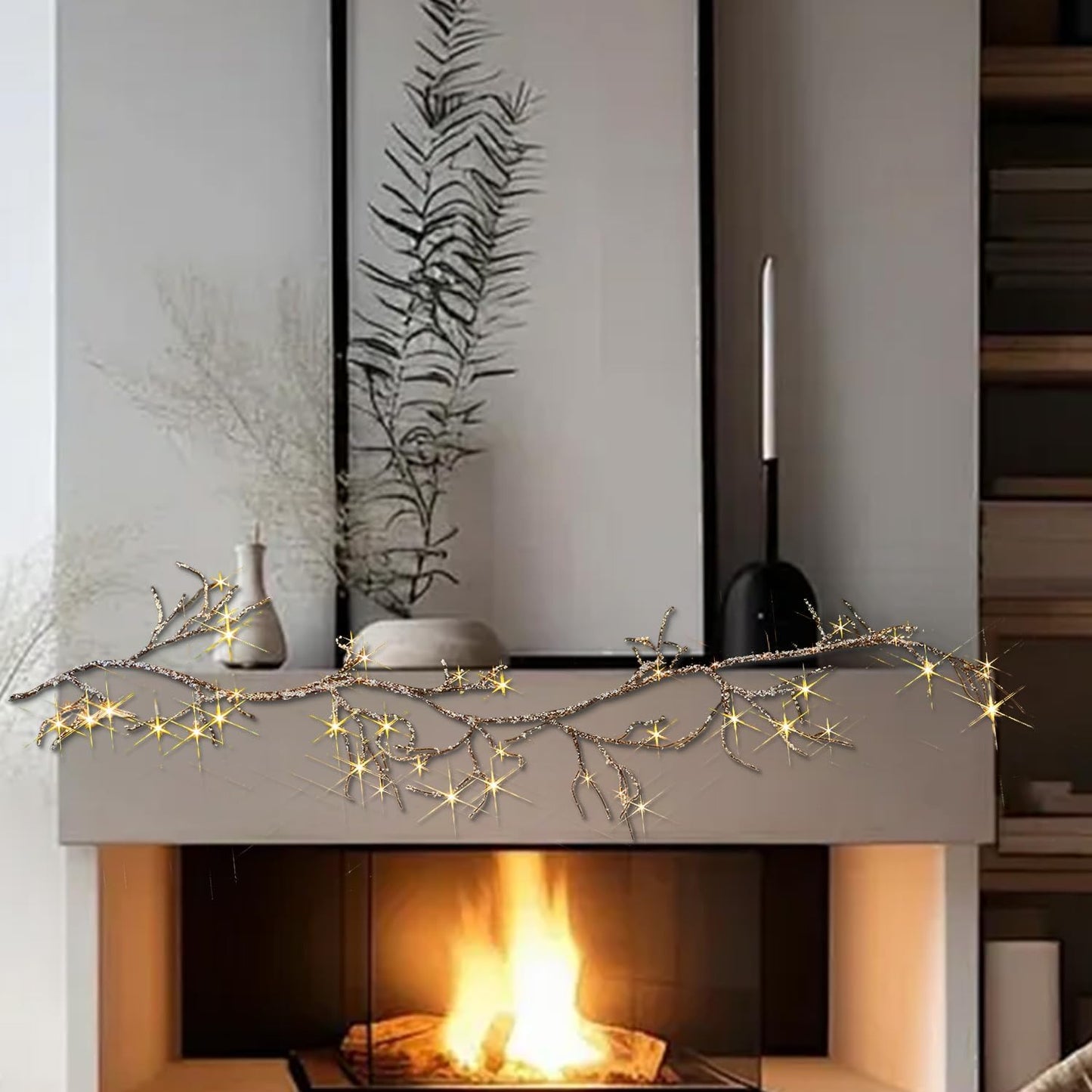 Fudios Lighted Iced Garland with Timer 48 LED Fairy Lights 6ft Battery or USB Plug for Mantle Decor, Lit Christmas