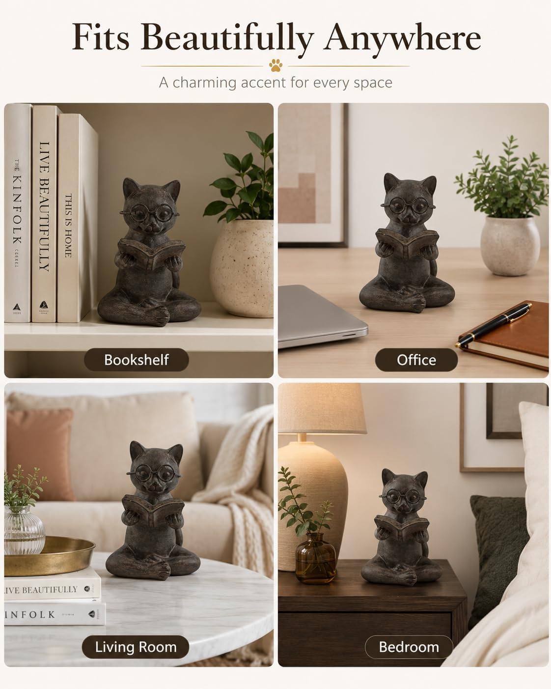 Cat Figurine Reading Book / Reading Cat / Bronze