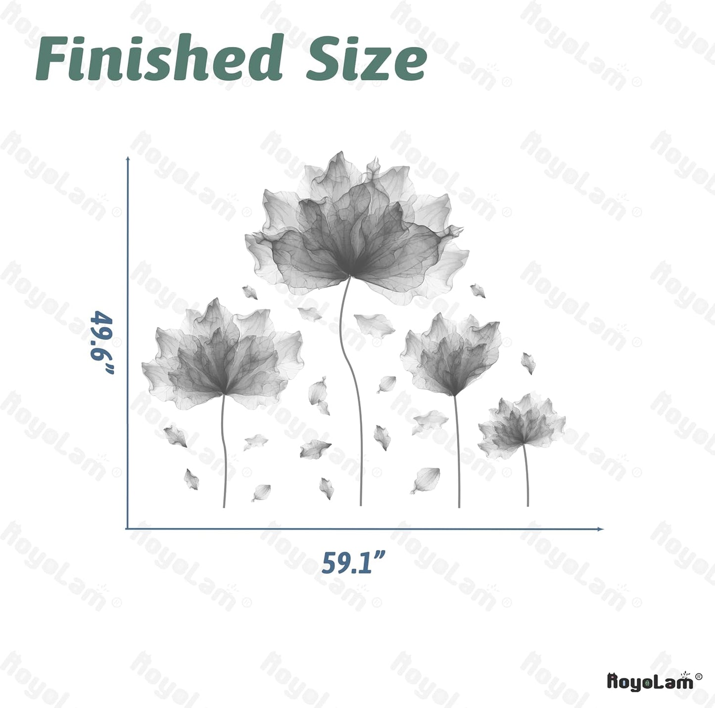 Flower Petal Wall Decal Floral Wall Sticker / Gray / 59.1'' x 49.6
