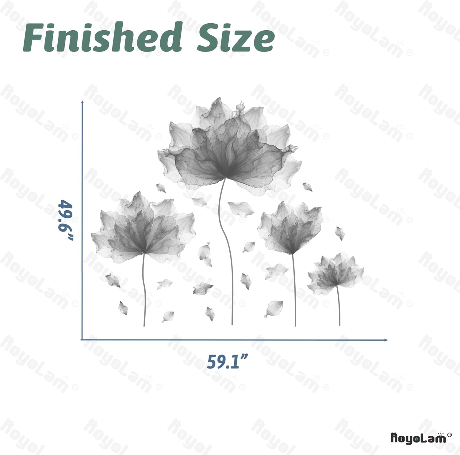 Flower Petal Wall Decal Floral Wall Sticker / Gray / 59.1'' x 49.6