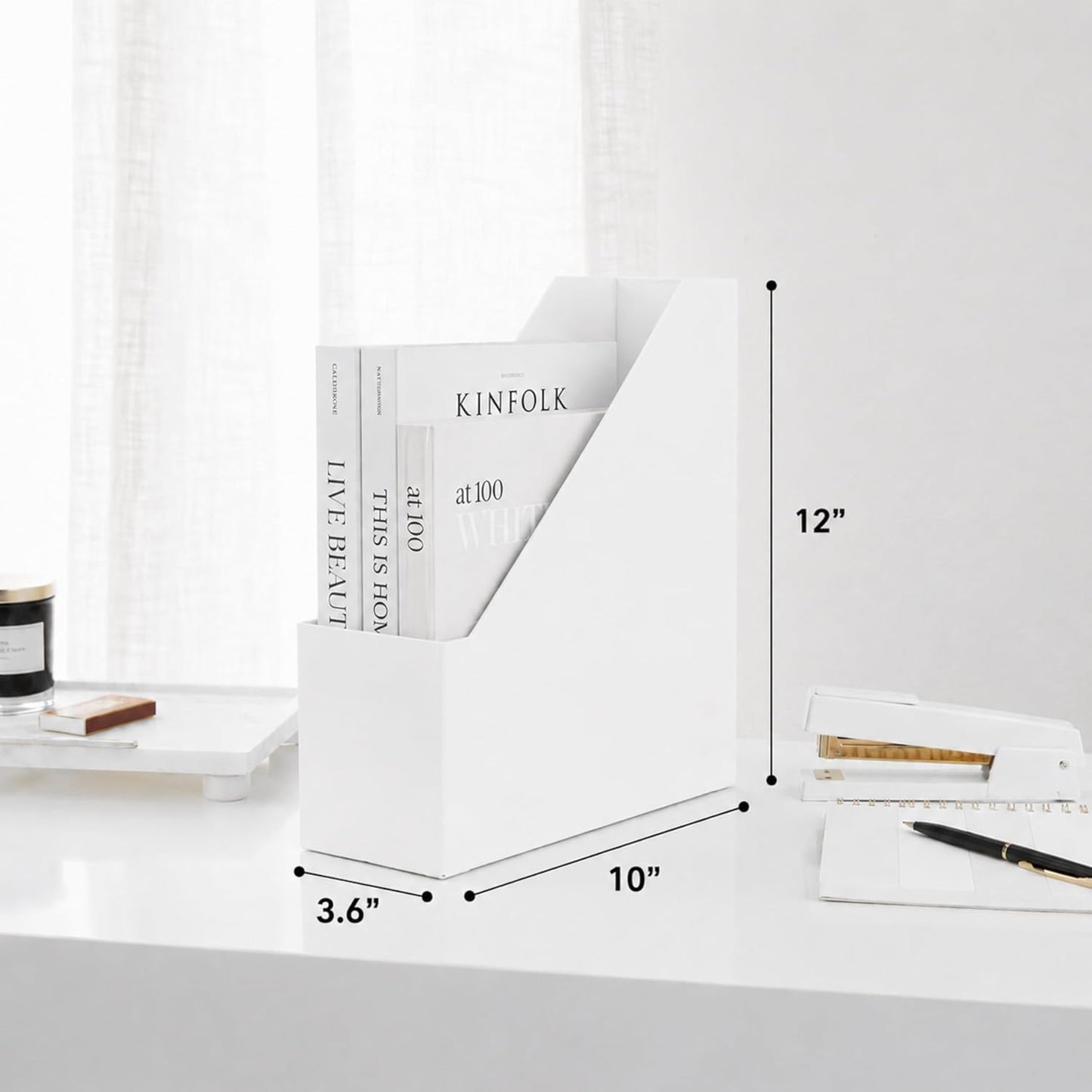 BLU MONACO Set of 6 Foldable White Magazine File Holders | Vertical Desk File Organizer Boxes With Leather Label