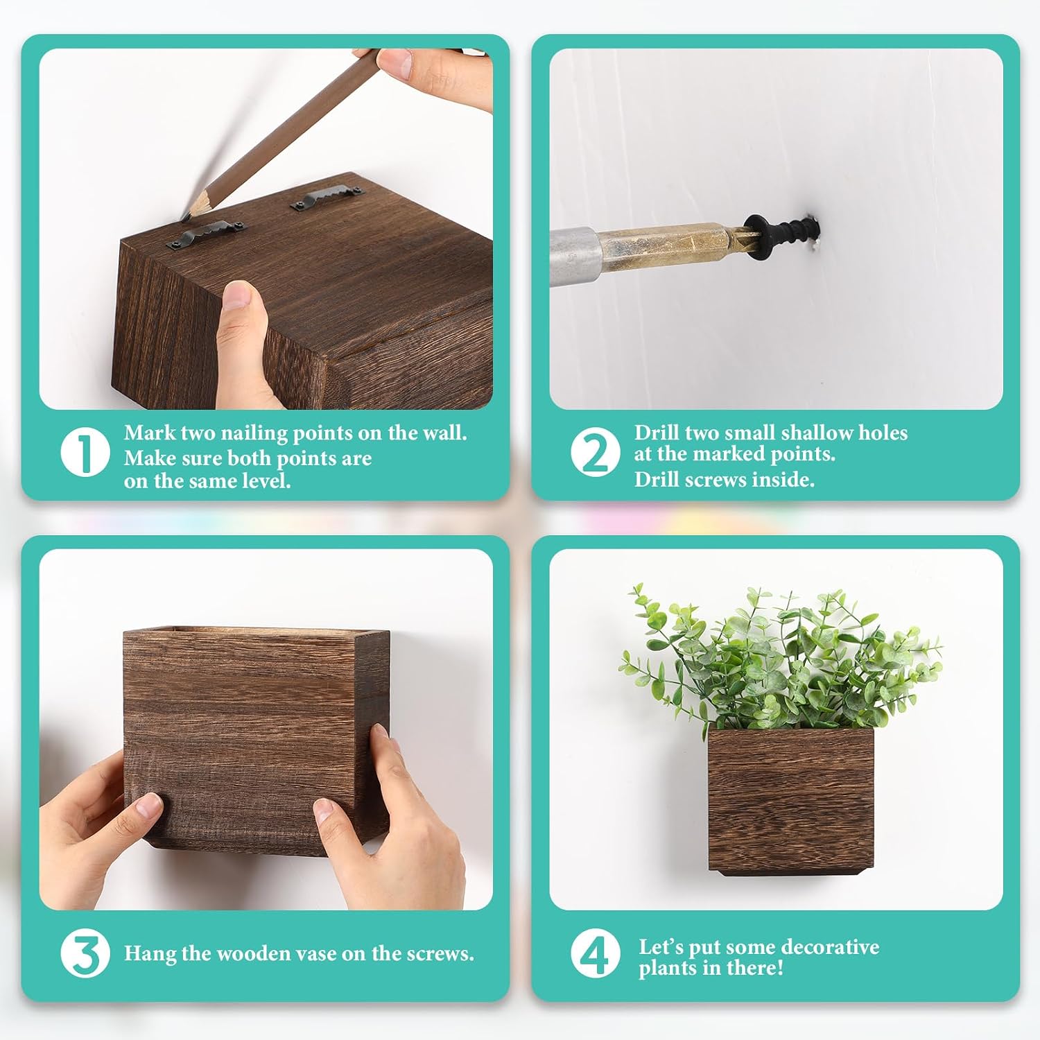 Wood Wall Planters Hanging Plant Pots Farmhouse Wall Hanging Decor / Natural / 5.5 x 5 / Set of 4