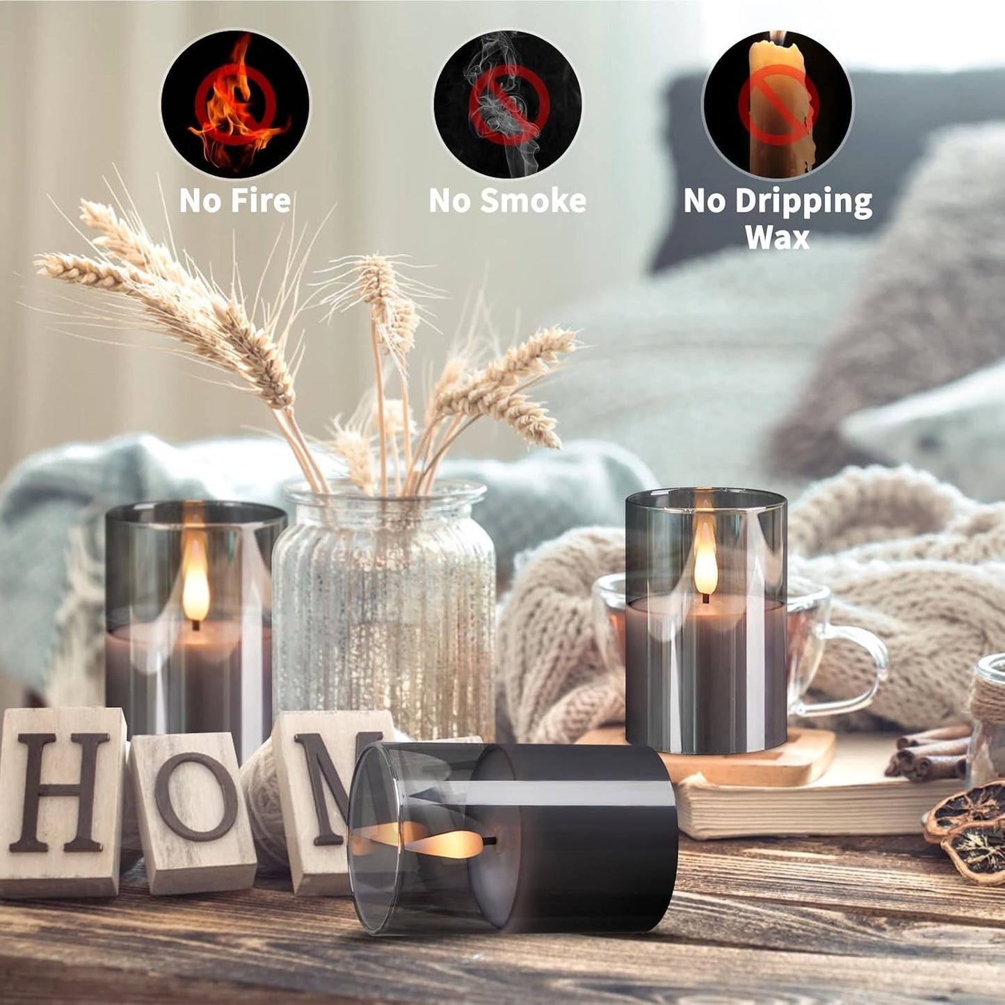 Glass Flameless Votive Candles with Remote, Battery Operated, 6Pack Gray | 2x3" Glass & Real Wax, 2/4/6/8H Timers, 2