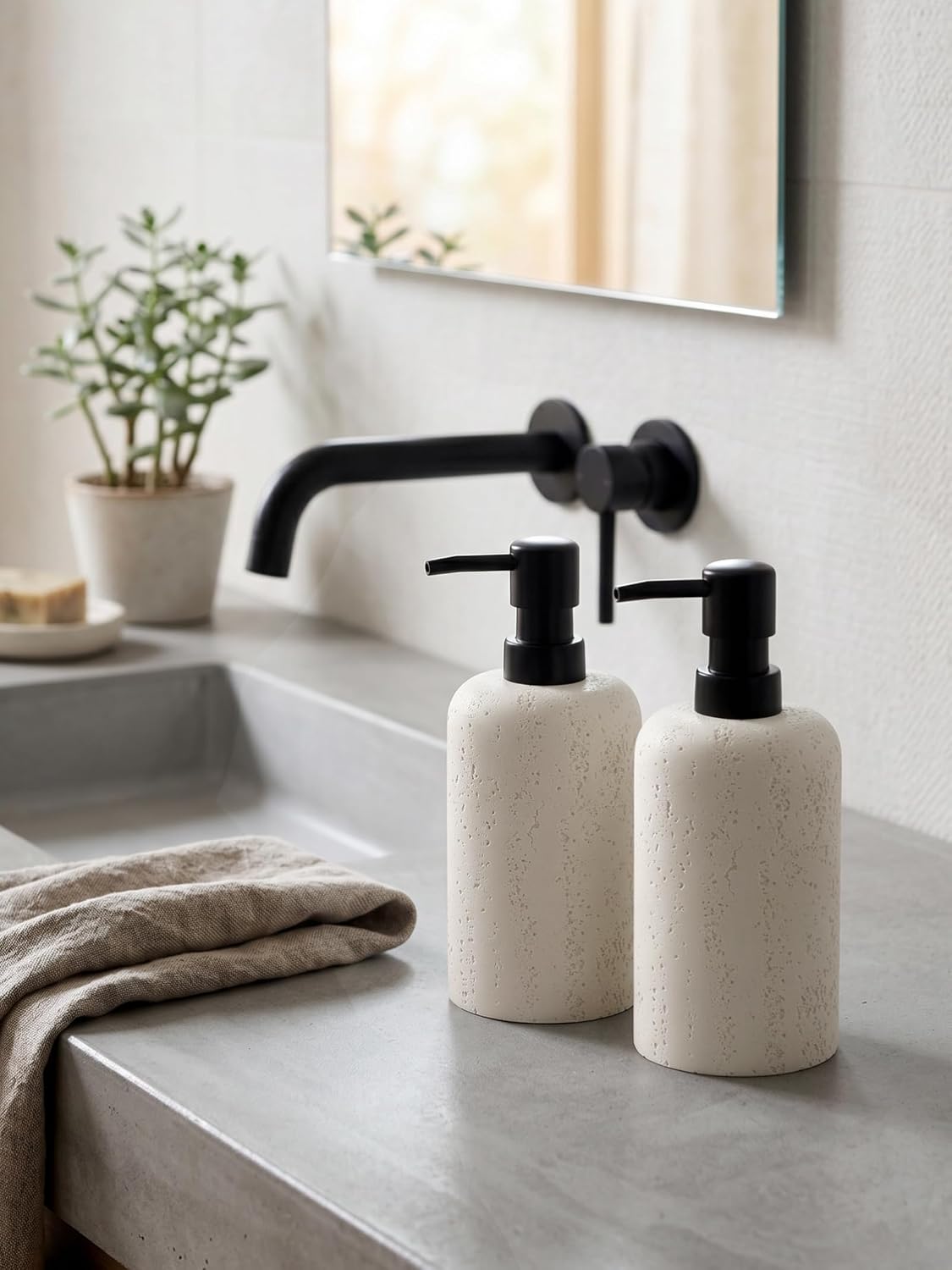 2 PCS Hand Soap Dispenser Set,13.53 OZ,Ivory,Faux Travertine | Luxurious,Refillable,Dish Soap,Lotion Shampoo and