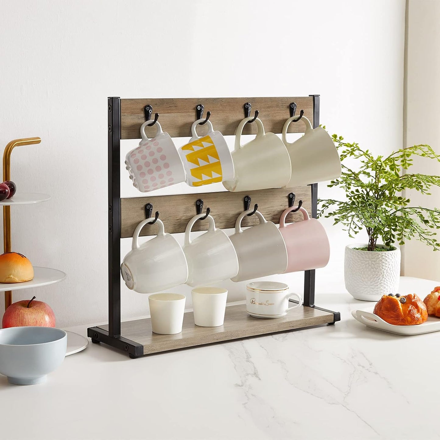 IBUYKE Coffee Mug Holder for Countertop,16 Hook Mug Tree,Greige TBJ001Y | Coffee Cup Holder Mug Display Organizer Mug
