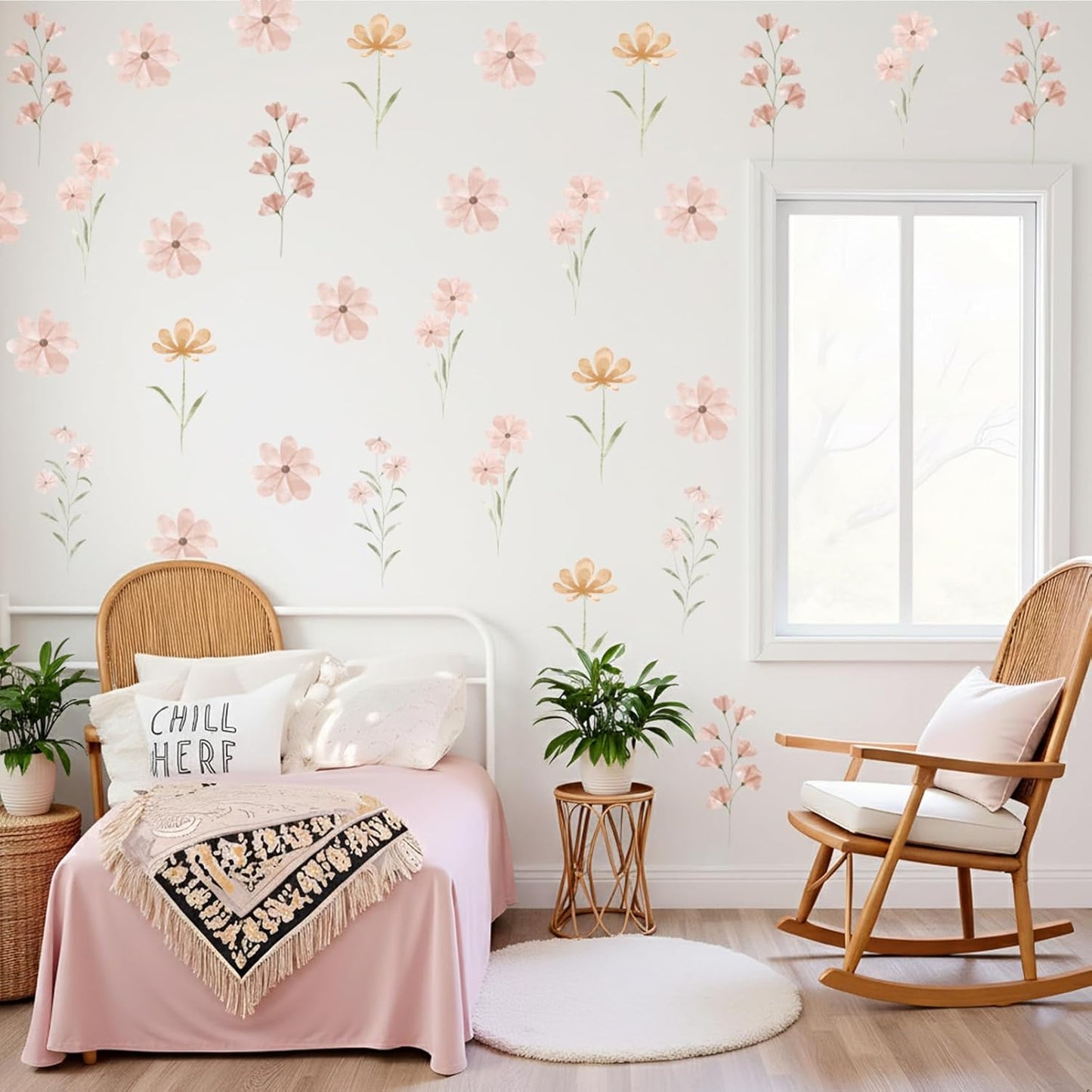Boho Flower Stickers Daisy Wall Decals for Girls' Rooms / Boho Daisy Grey / Set of 48