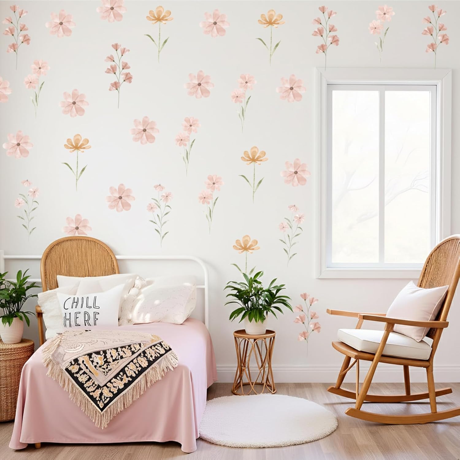 Boho Flower Stickers Daisy Wall Decals for Girls' Rooms / Boho Daisy Grey / Set of 48
