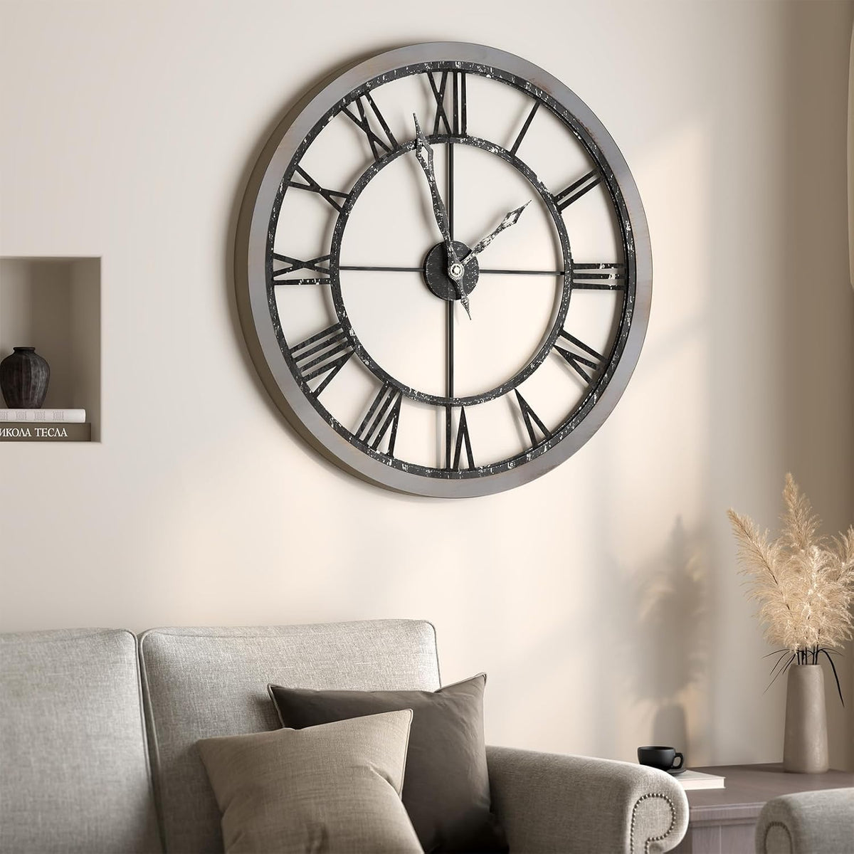 Cuspin 30 Inch Large Wall Clock Rustic Industrial Wood Frame Roman Numeral | Battery operated, Silent non ticking