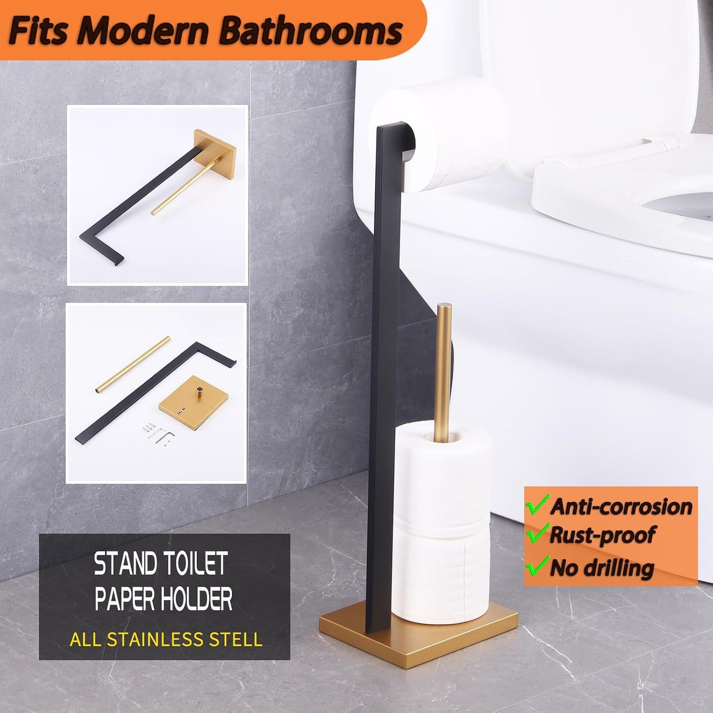 GERZWY Free Standing Toilet Paper Holder, SUS 304 Stainless Steel Toilet Paper Stand with Reserve (Black & Gold)
