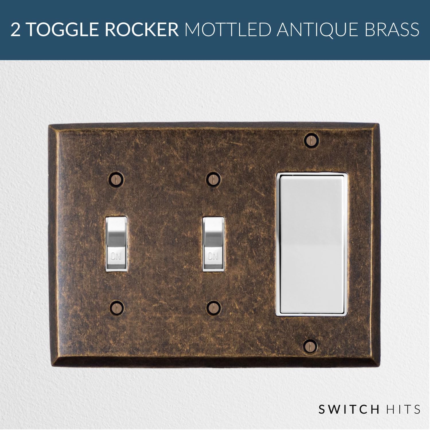 Double Light Switch Plate Outlet Cover GFCI Wall Plate | 2 Toggle - 1 Rocker Mottled Antique Brass Electrical Faceplate