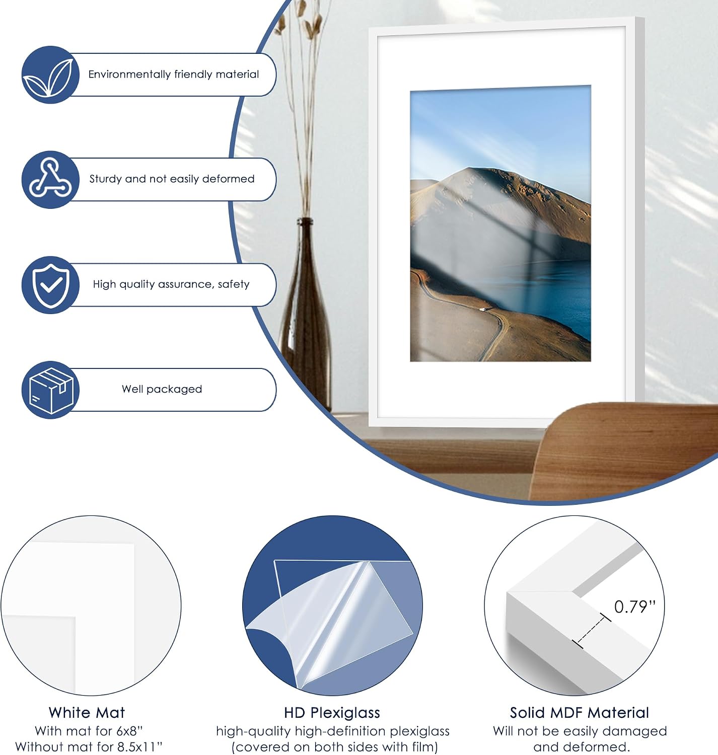 11x17 Picture Frame Set of 6, Wall Mount Display, White | Display Pictures 8x12 with Mat or 11x17 without