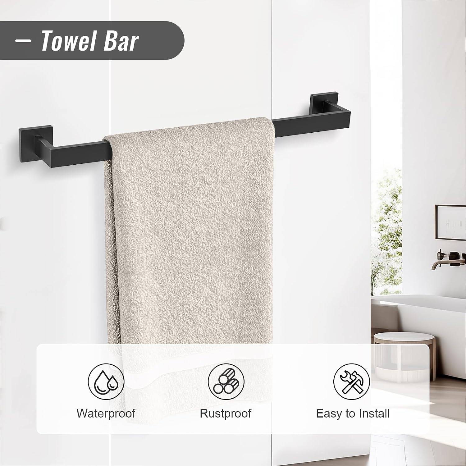 YACVCL 5 Pieces Matte Black Bathroom Hardware Accessorie Set 23.6 Inch Towel Bar Set SUS304 Stainless Steel Towel
