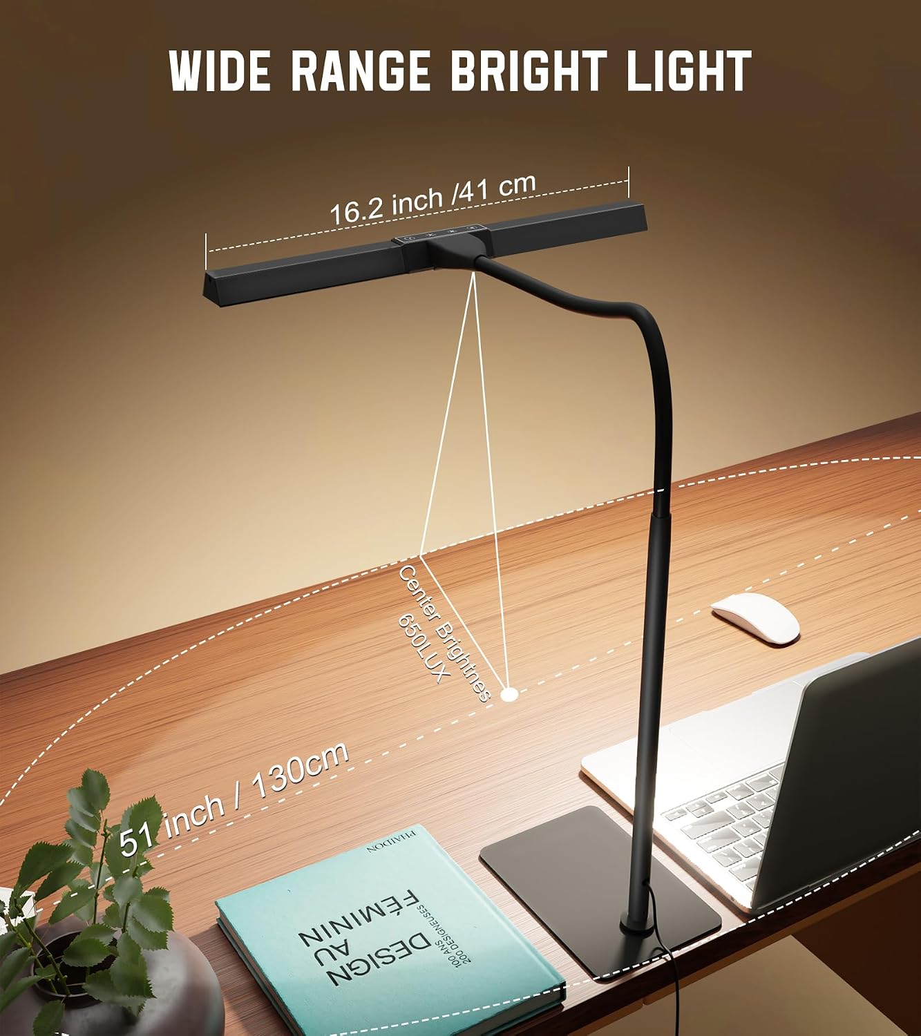 LED Desk Lamp for Home Office with Base, Eye-Caring Desk Light 12W, Black | Tall Lamp for Computer Monitor Task