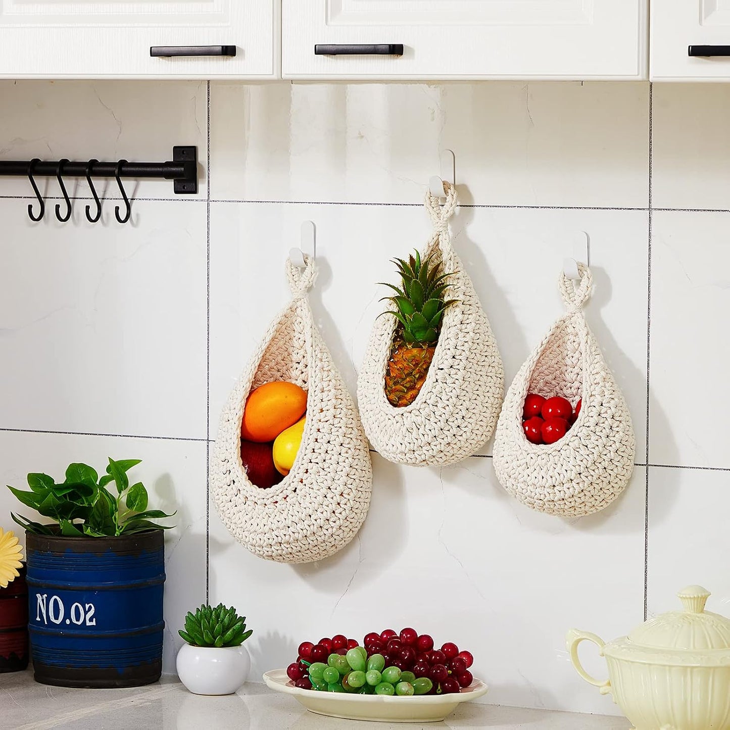 Boho Decor Hanging Wall Baskets / White / Cotton Rope / Teardrop / Set of 3